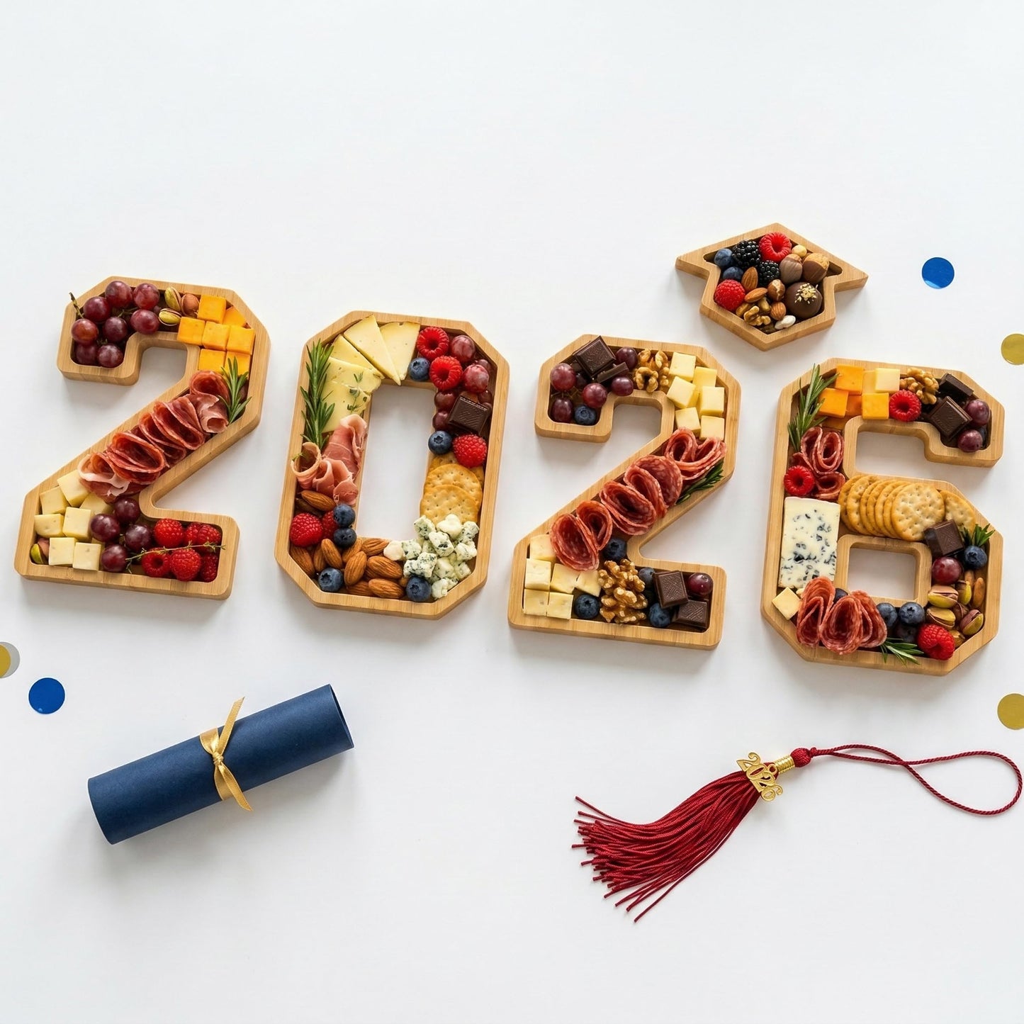 2026 Graduation Decorations - Table Centerpieces - 2026 Numbers Charcuterie Board with Graduation Cap - Serving Tray Decoration for Kindergarten Preschool High School College Party Supplies
