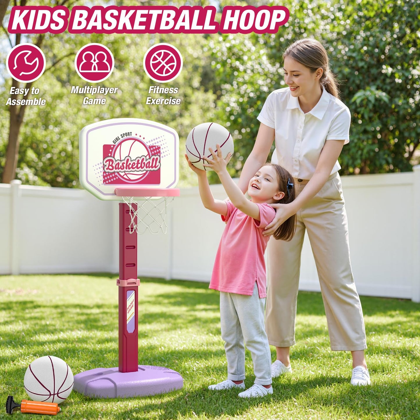 HYES 2 in 1 Kids Basketball Hoop and T Ball Set，White