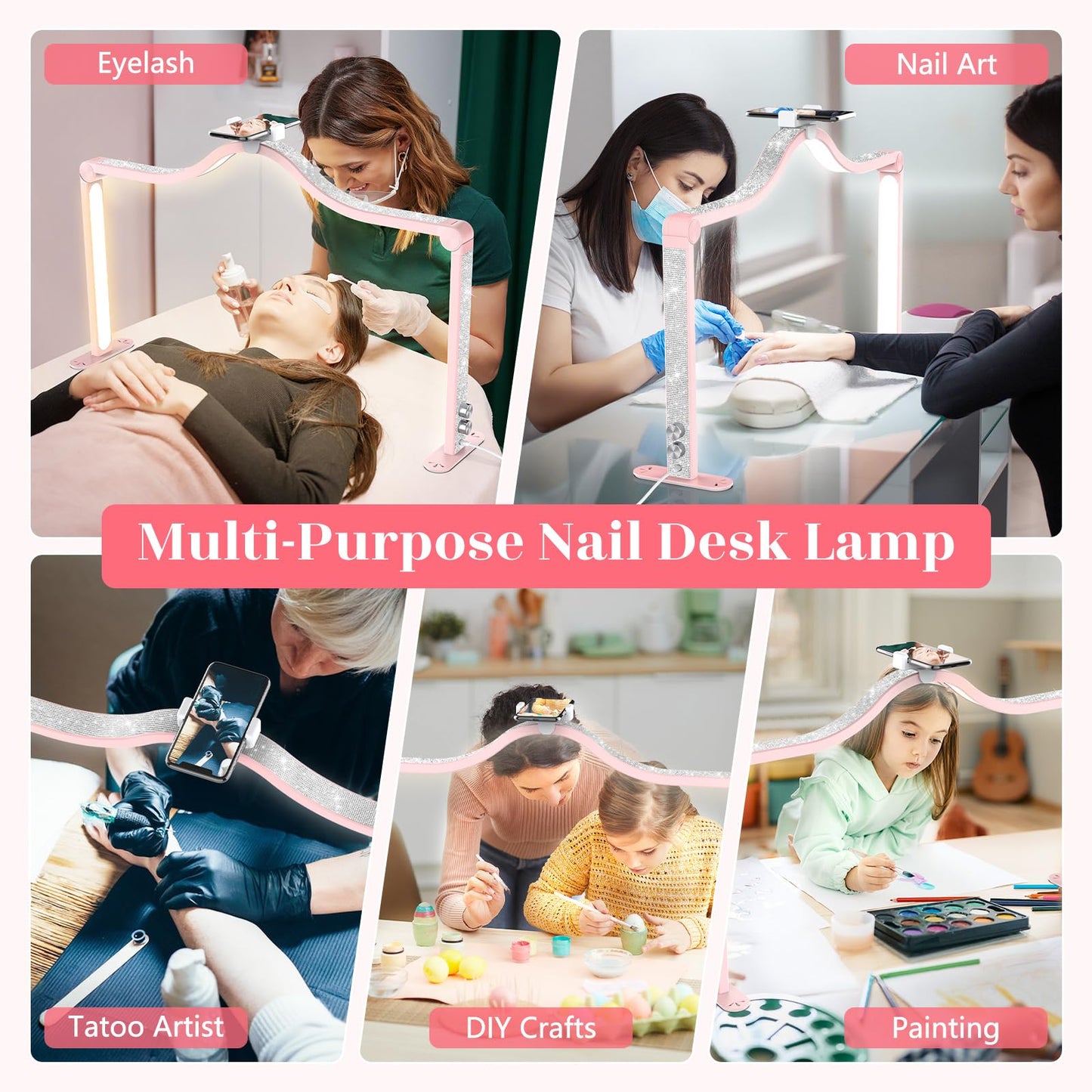 Yokilly Arc Half Moon Light: 34" Shadow-Free Half Moon Light for Desk Salon - Foldable LED Desk Lamp with Stepless Brightness for Manicurist (Pink)