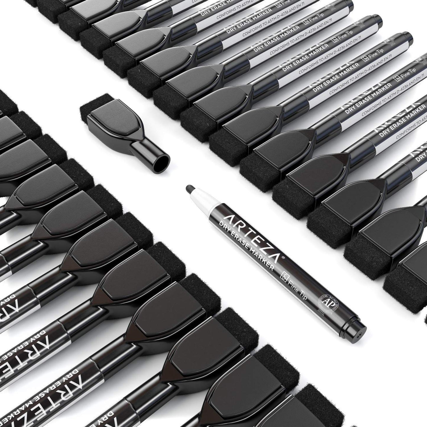 ARTEZA Black Dry Erase Markers with Erasers – Pack of 36 Magnetic Fine Tip Whiteboard Pens with Low-Odor Ink for Office & Home Use