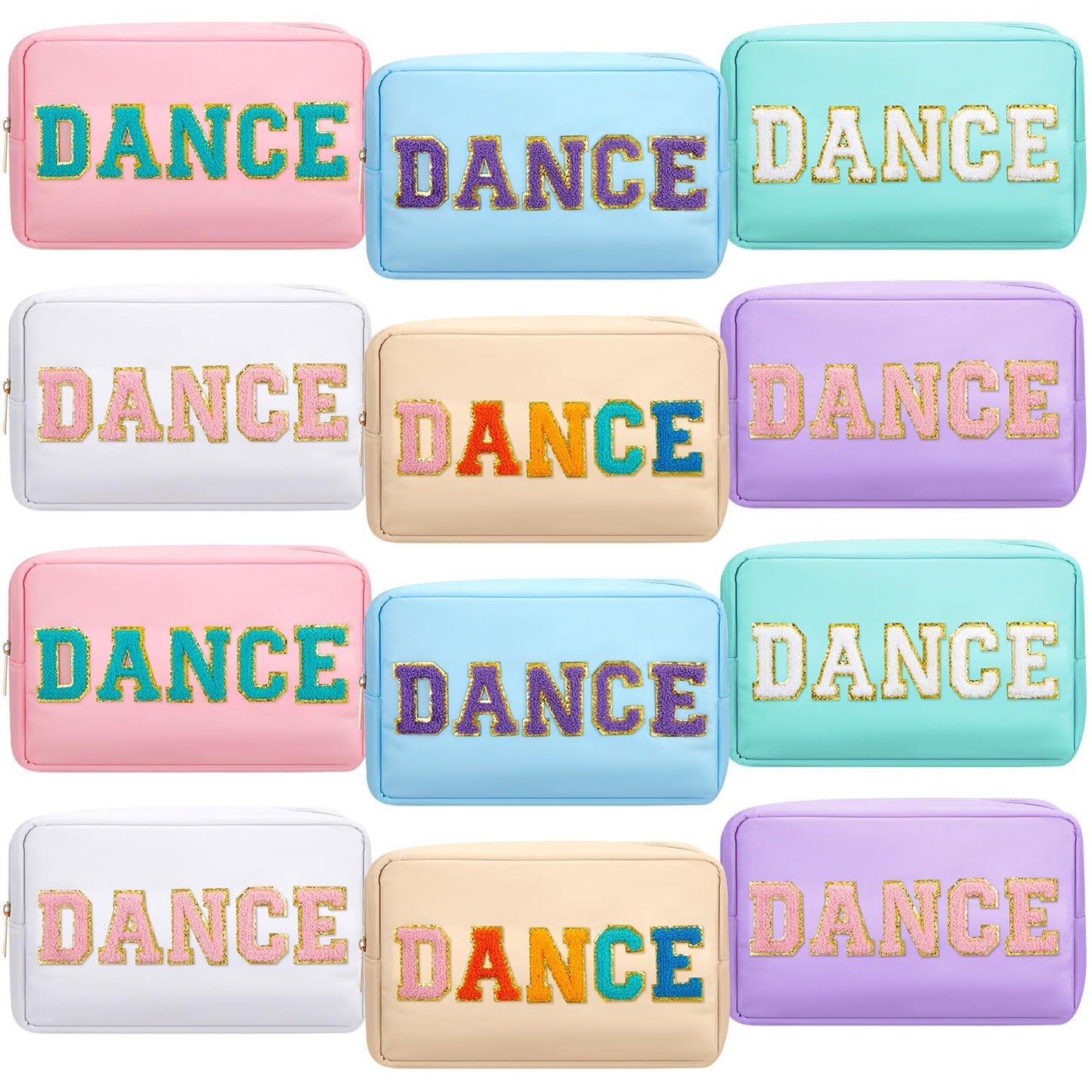 Clysee 12 Pcs Cosmetic Cheer Bag Bulk with Chenille Letter Patches Gifts Nylon Makeup Bag Portable Toiletry Zipper Pouch for Cheerleader Women Travel Accessories(Novel Colors,Dance)