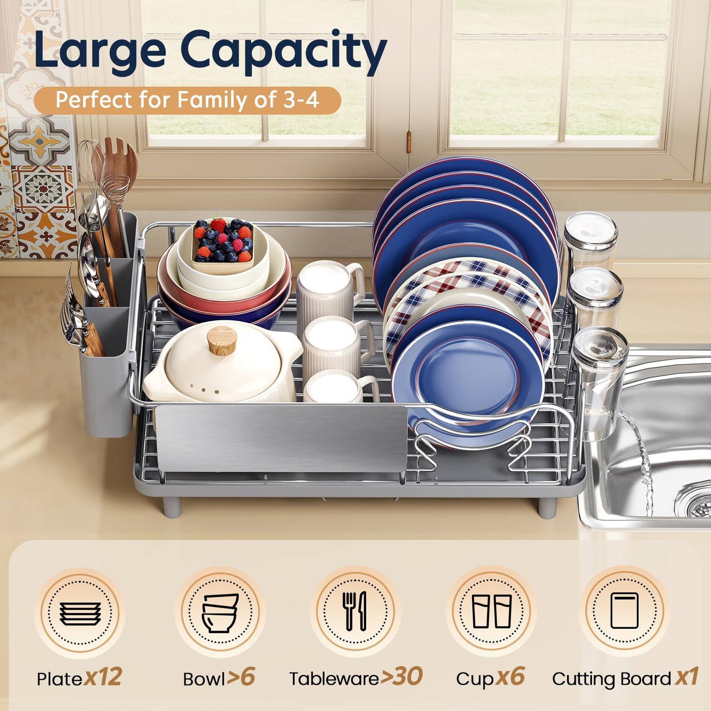 Stainless Steel Dish Drying Rack - Large Capacity Dish Rack for Kitchen Counter with Drain Board, Rustproof Dish Drainer with Auto Drain Spout Utensil Holder Glass Holder, Dinnerware Organizer, Gray