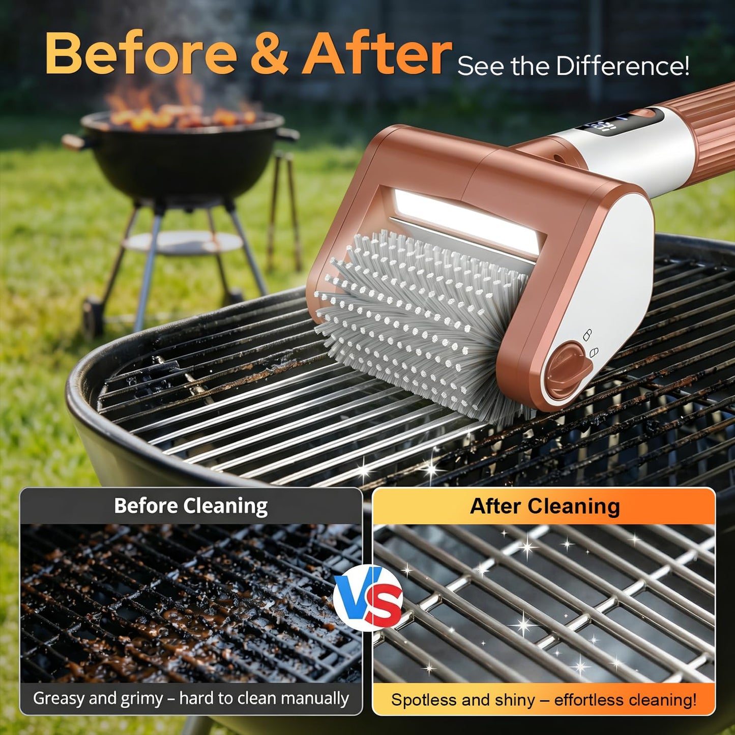 BYESHOP Electric Grill Brush for Outdoor, 2026 BBQ Grill Cleaner with Digital Display, Variable Speed Cordless Grill Brush, Waterproof & Replaceable Heads Grill Cleaning Brush for Barbecue Grates