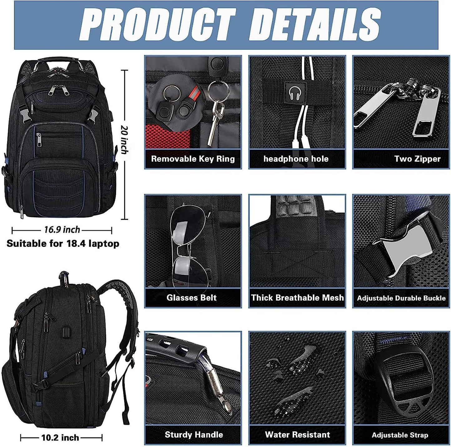 SINVICKO 18.4 Inch Laptop Backpack, Extra Large Travel Backpack with USB Charger Port for Men Women, 60L Big Capacity Heavy Duty Computer Bag TSA Friendly RFID Anti Theft Pocket Backbag