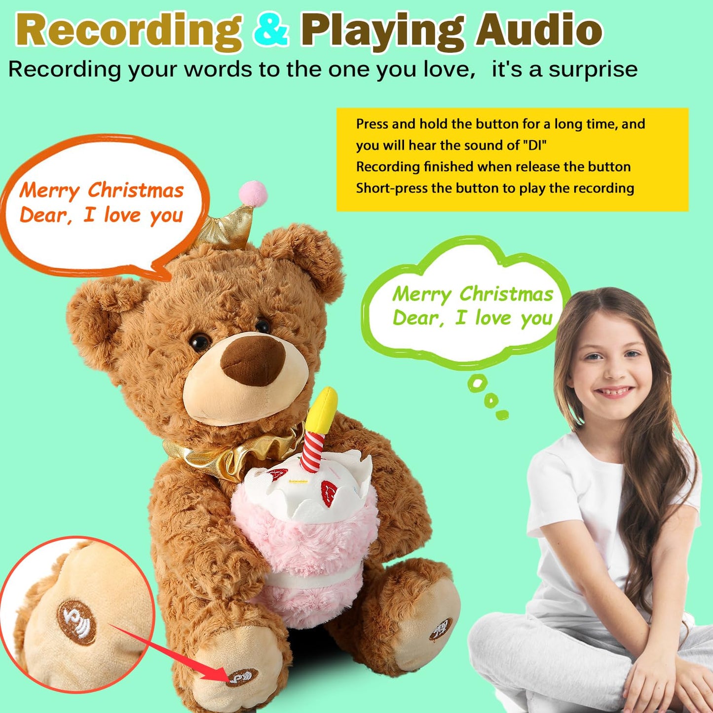 Musical Birthday Teddy Bear, Singing Dancing Talking Plush Bear Repeating What You Say Mimicking Recording Toy English Song Glowing Candle with Cupcake Stuffed Animal Gift for Boy Girl Kid