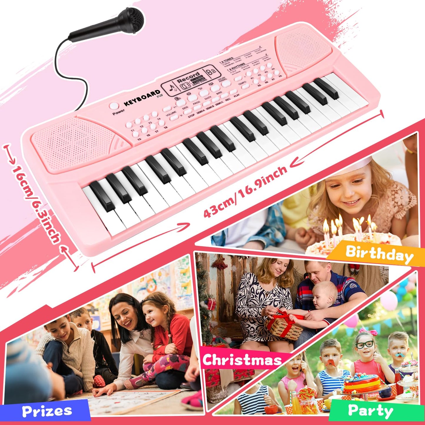 M SANMERSEN Kids Piano Keyboard with Microphone 37 Keys Portable Electronic Keyboards for Beginners Musical Toy for 3/4/5/6/7 Year Old Girls Boys, Pink