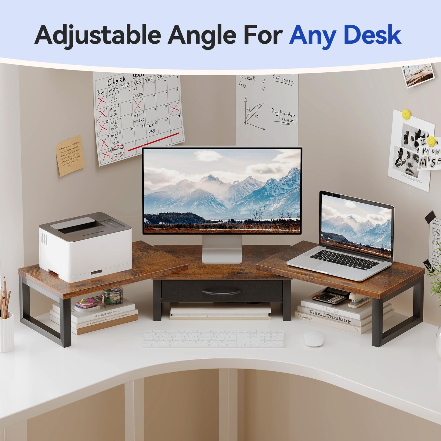 HEWORLIF Desk Organizers and Accessories, Dual Monitor Stand Riser with Drawer, Computer Monitor Stand, Adjustable Desk Shelf for PC Laptop Printer TV, Brown