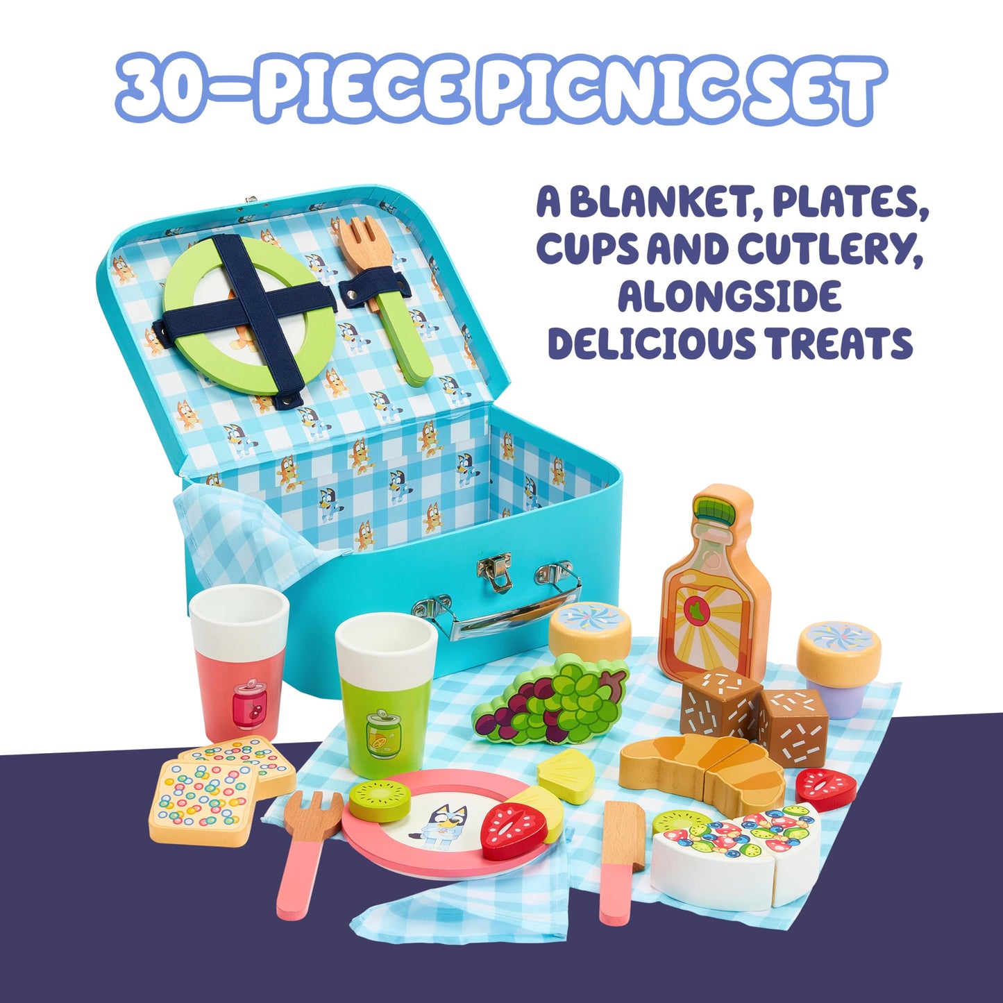 Bluey – Picnic Basket Set – 30 Piece Wooden Roleplay Toy with Carry Case, Cutlery & Pretend Food Accessories for Kids – FSC-Certified Material – Fun Imaginative Kit for 3 Years and Up