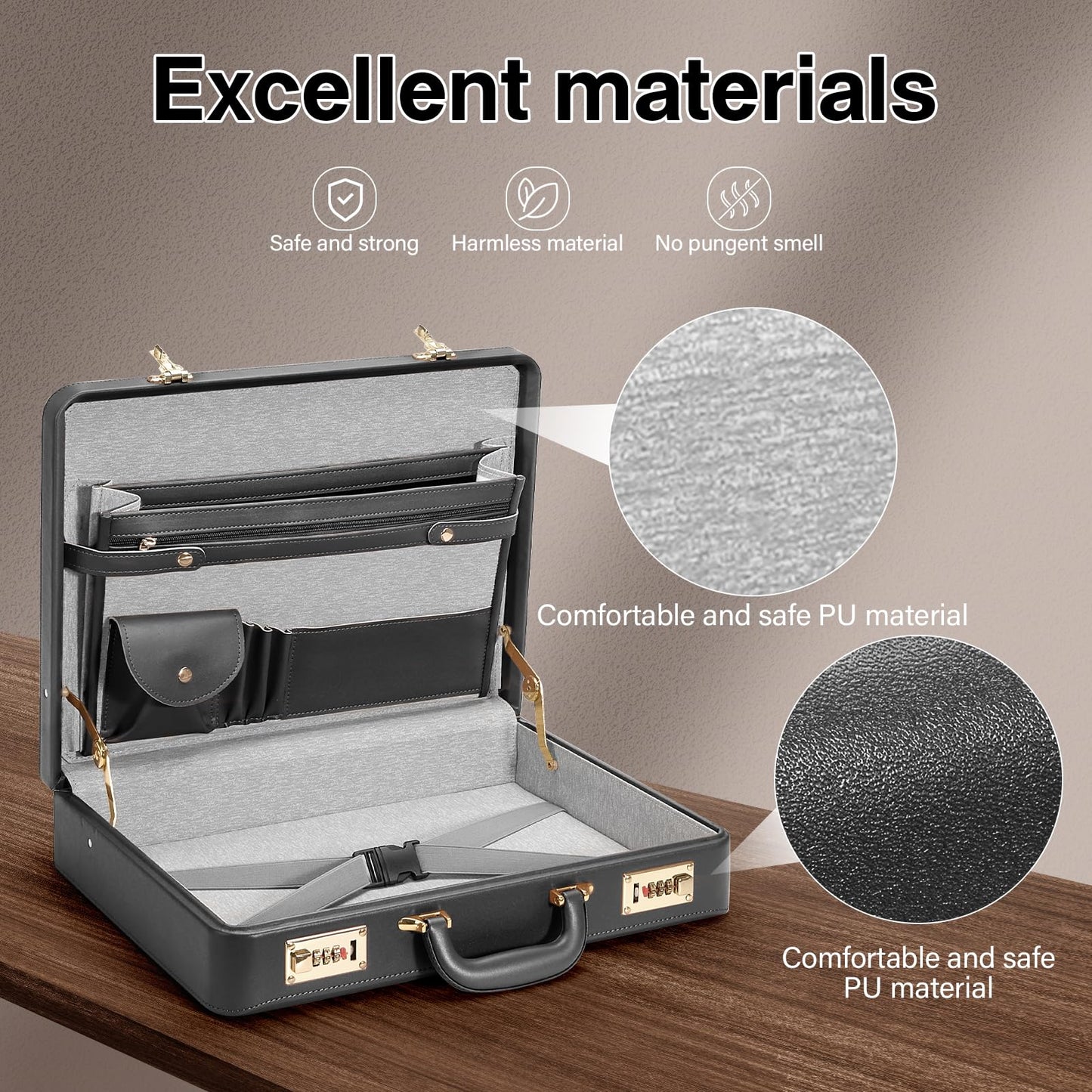 BAGAKE Briefcases - 18.1 x 3.47 x 16.14 Inch Attache Briefcase with Dual Combination Lock, PU Leather Locking Briefcase for Personal Items, Documents, Laptop, Phone, Passport, Valuables - Large/Black