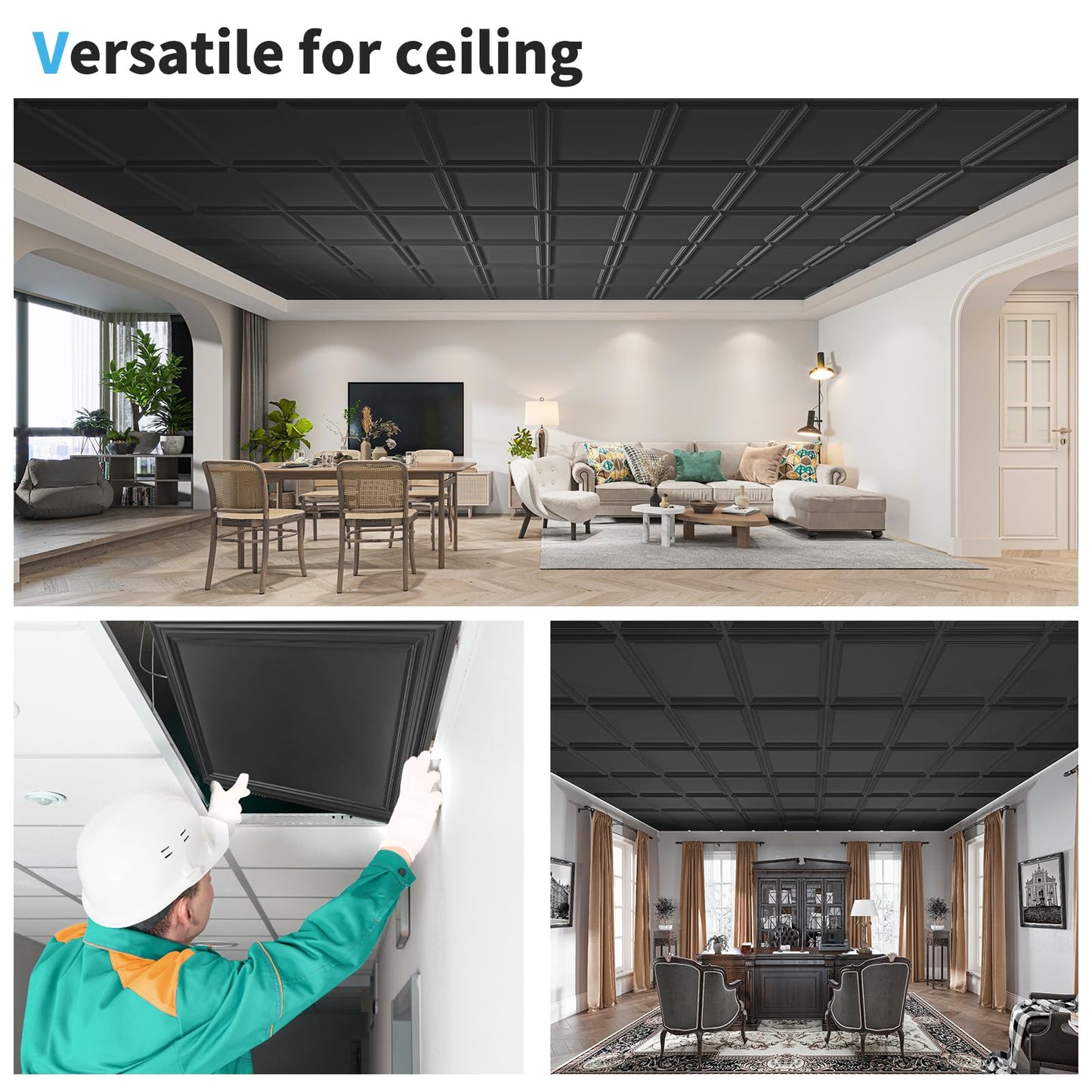 Art3d 24-Pack Drop Relief Ceiling Tiles for Home, Office & Commercial Space, 24 x 24in PVC Waterproof 3D Wall Panels Cover 96 Sq. Ft, Black