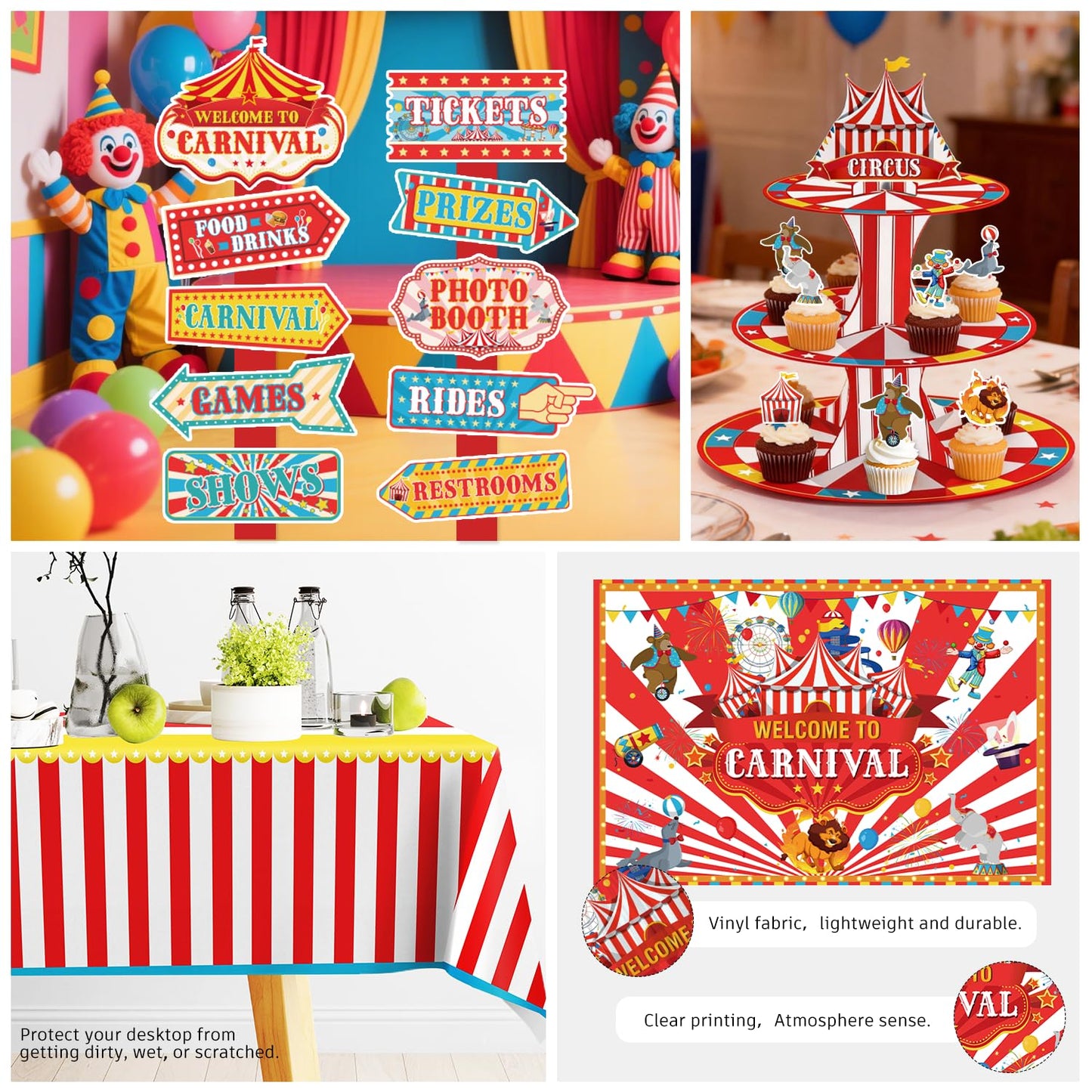 Cocomigo 302 PCS Circus Theme Party Decorations, All-in-One Carnival Theme Party Decorations Set with 25pcs Plates, Napkins, Tablecloths, Banner, Balloon Arch Circus Party Decorations for Girl & Boy