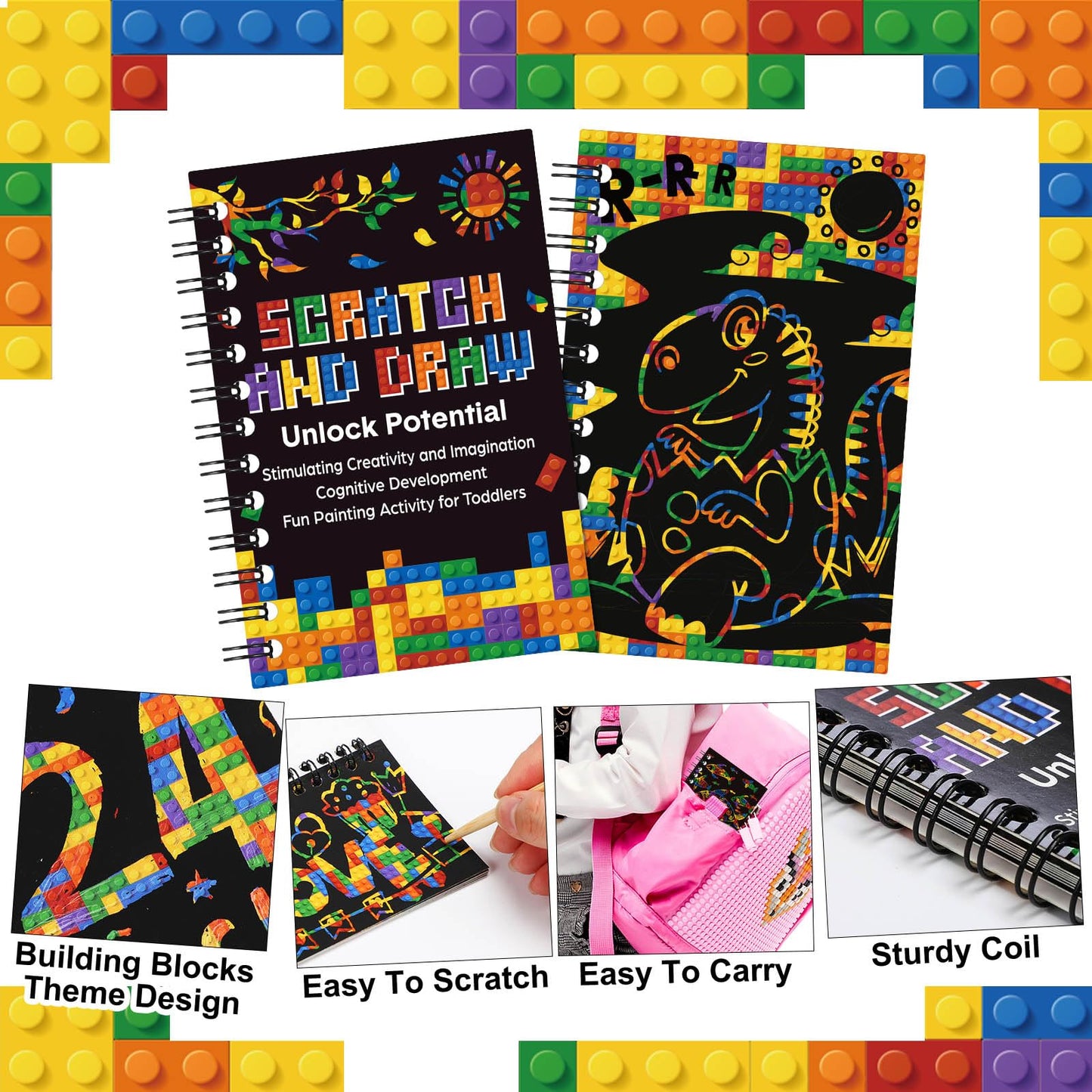 Pasimy 48 Set Scratch Paper Art Party Favors for Kid Building Block Scratch Paper Craft Notebook Bulk Craft for Girl Boy Classroom Prizes Goodie Bag Stuffer Christmas Birthday Party Favor Gift