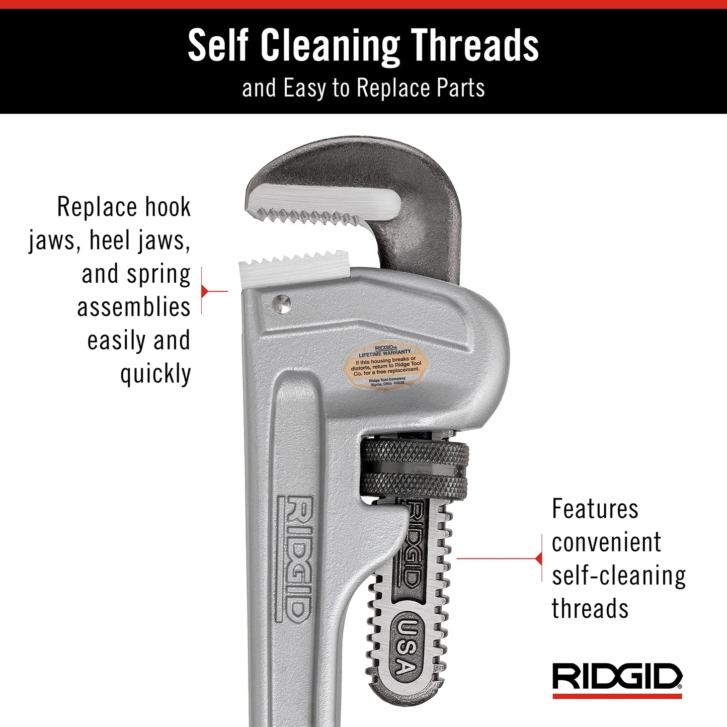 RIDGID 31095 Model 814 Aluminum Straight 14" Plumbing Pipe Wrench, Silver, Made in the USA