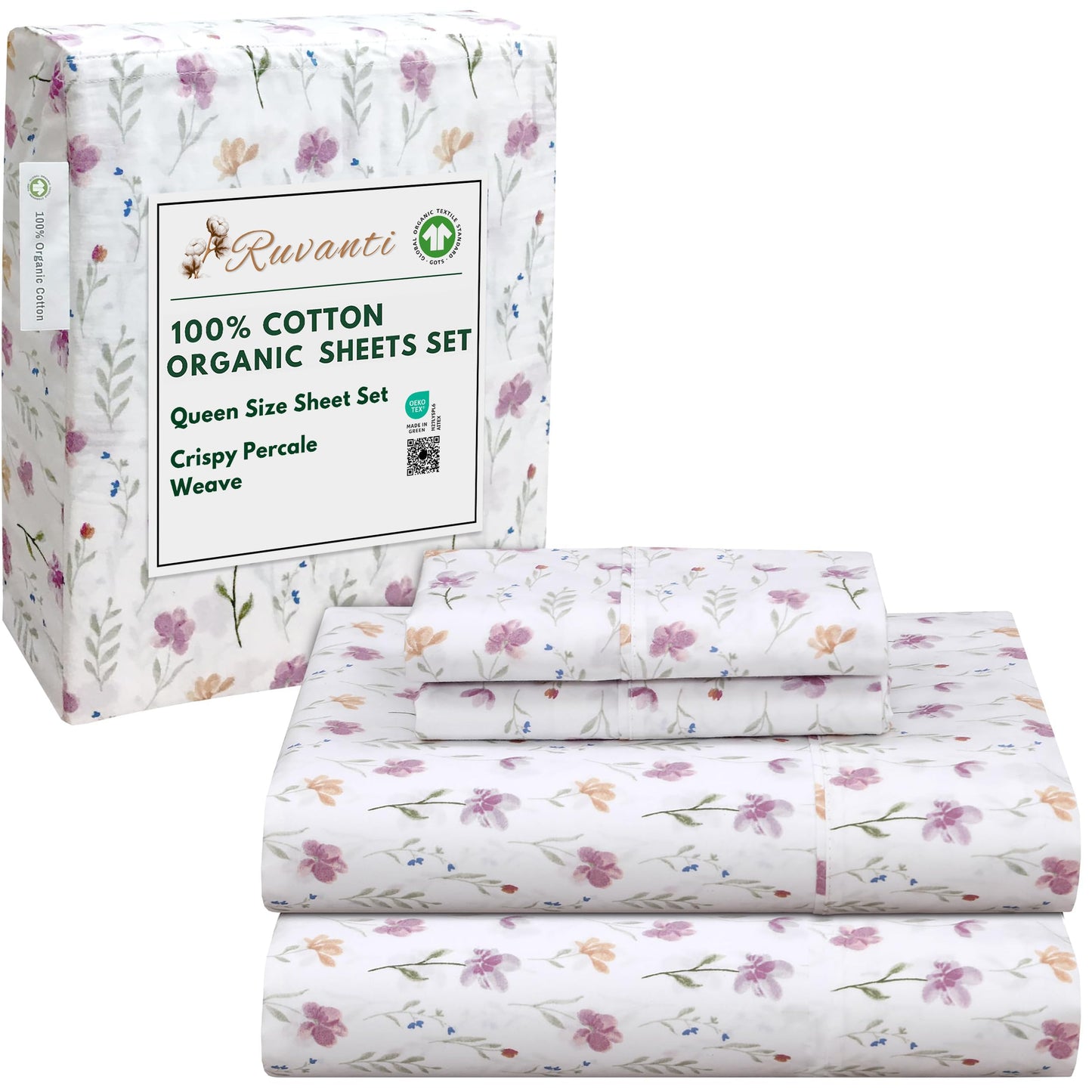 RUVANTI 100% Cotton Organic Percale Sheets Queen Size – Crisp Cooling Bed Sheets for Hot Sleepers, Deep Pocket 15”, Soft Peach Finish, Breathable & Durable Hotel-Style 4 Pcs, Obsessed Stems