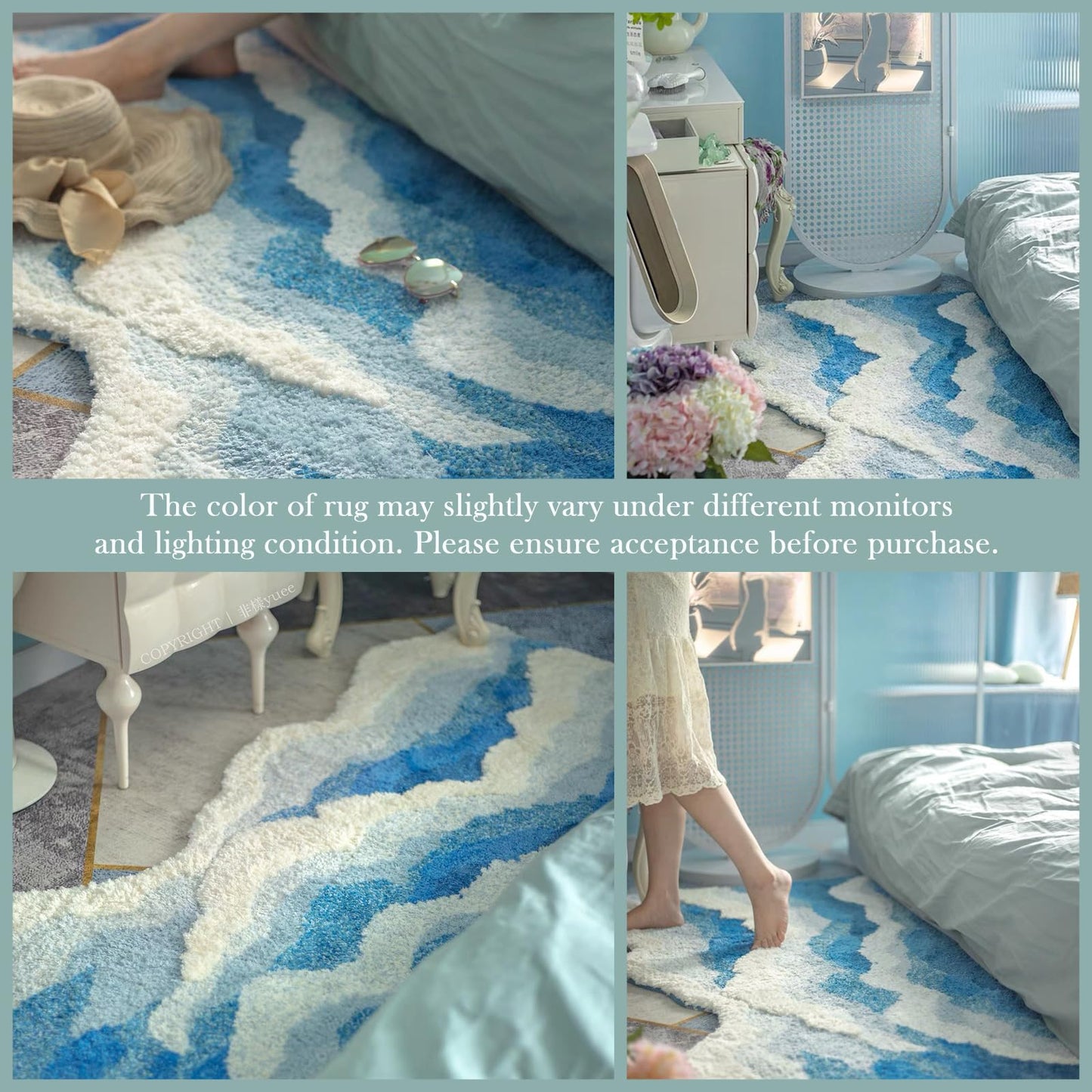 DyeFury Large Ocean Sea Wave Rug 60"x30", Beach Themed Room Decor Aesthetic, Beachy Decor for Bedroom Nursery Kitchen, Washable Blue Area Rug for Summer Room, Nautical Coastal Room Decor