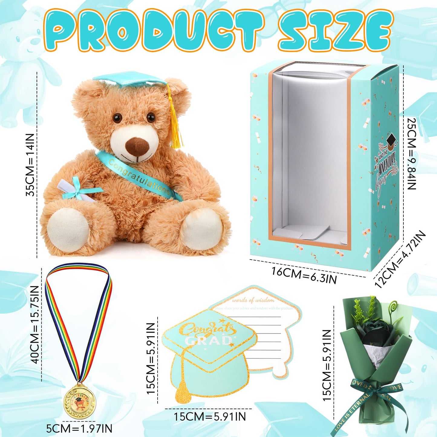 Soulchen 5 Pcs Graduation Gifts Set 14 Inch Graduation Bear Stuffed Animal Roses Bouquet Artificial Flower Award Medal with Neck Ribbon Greeting Card and Gift Box to Her Him(Yellow)