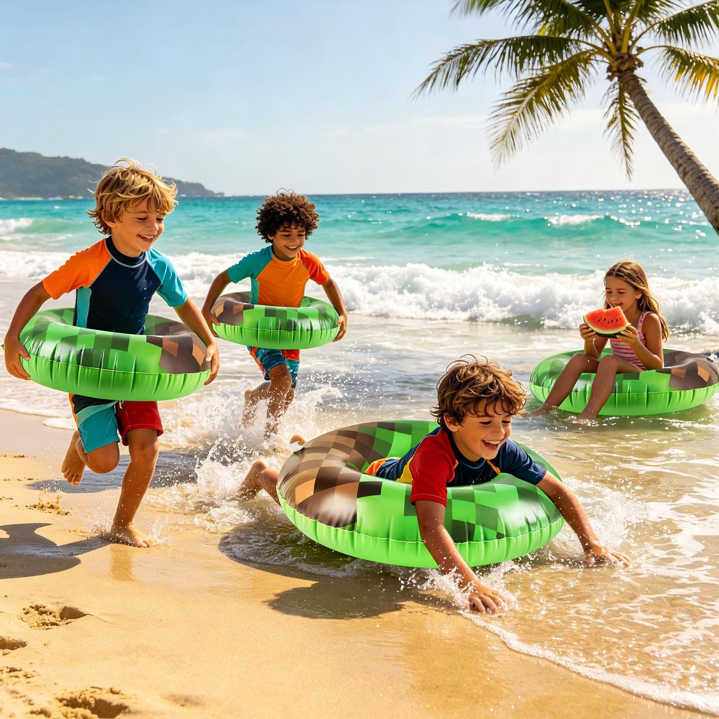 4 Pcs Pixel Party Pool Floats, 24 Inch Green Pixel Art Swim Rings for Kids Ages 5-8 Pool Tube, Inflatable Pool Toys for Hawaiian, Beach, Water Park Fun