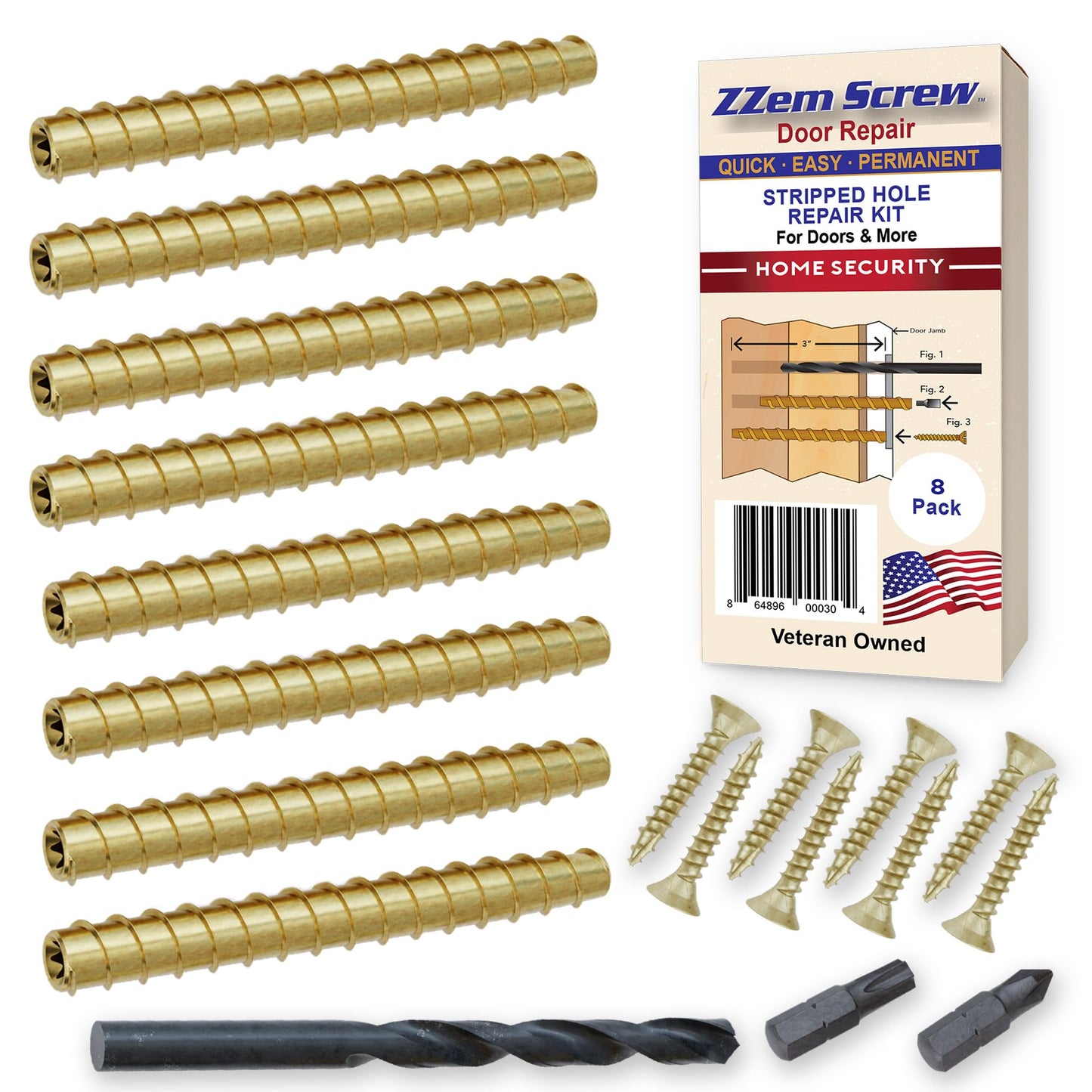 8 Pack Permanent Stripped Screw Hole Repair and Door Reinforcement Security Kit Repair Stripped Screw Holes and Sagging Doors in 3 Easy Step-Made in USA!
