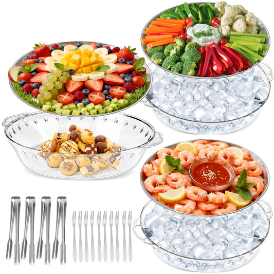 Chilled Serving Trays for Parties, 3 Set 11.8" Compartment Charcuterie Platters for Serving Food Party Shrimp Cocktail Servings Dish Keeps Food Cold for Vegetable Fruit, Cheese, Seafood & Dip