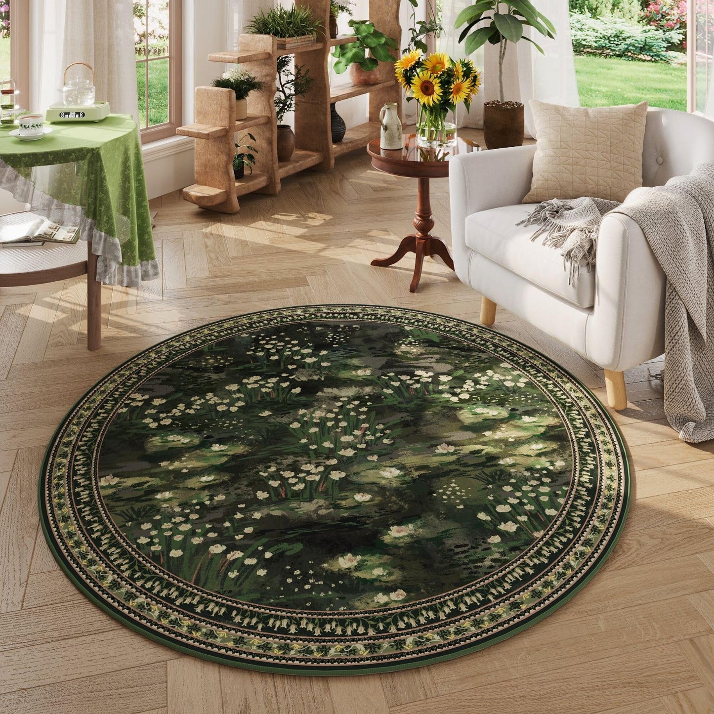 Rugcomf Circle Rug Impressionist-Style Vintage Round Rug 6ft Non Slip Low Pile Small Circular Rug for Bedroom Bathroom Entryway Kids Room Office College Dorm, Green