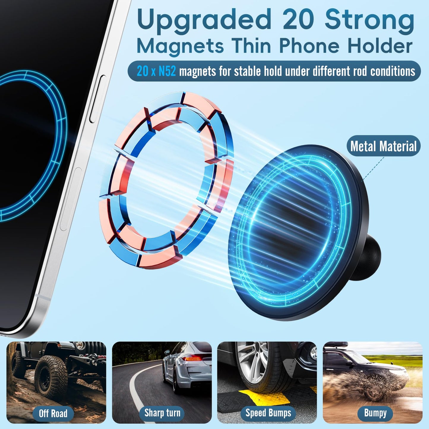 Upgraded Vent Magnetic Phone Mount for Jeep Wrangler JL 2018-2023,Gladiator JT 2020-2023 Air Vent Mounting Cell Phone Cradles 360° Rotation 20x Super Strong Magnet Phone Holder Fit for All Smartphone