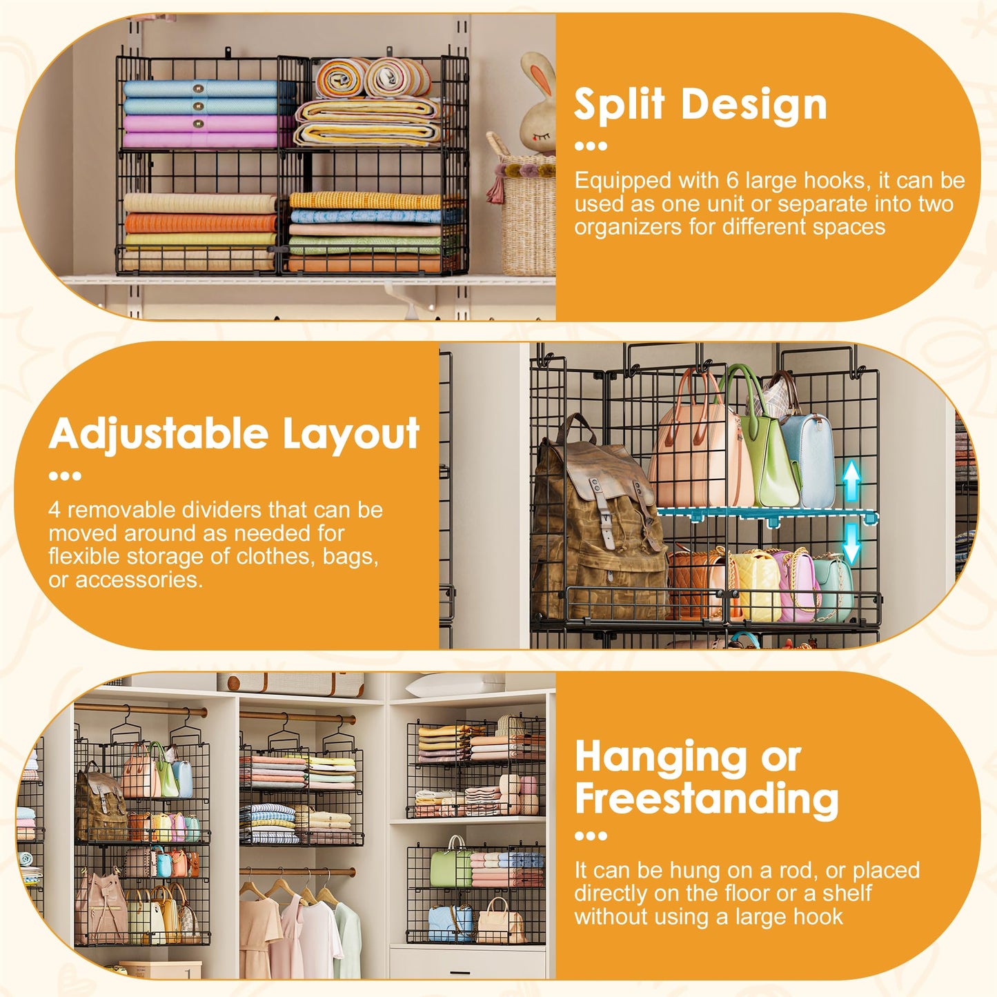 Hanging Closet Organizer with DIY Spacing, Double-Row Closet Hanging Shelves with 4 Adjustable Dividers & 6 Hooks, Heavy Duty Metal Closet Storage Organizer with Front Guard, Split into 2 Units