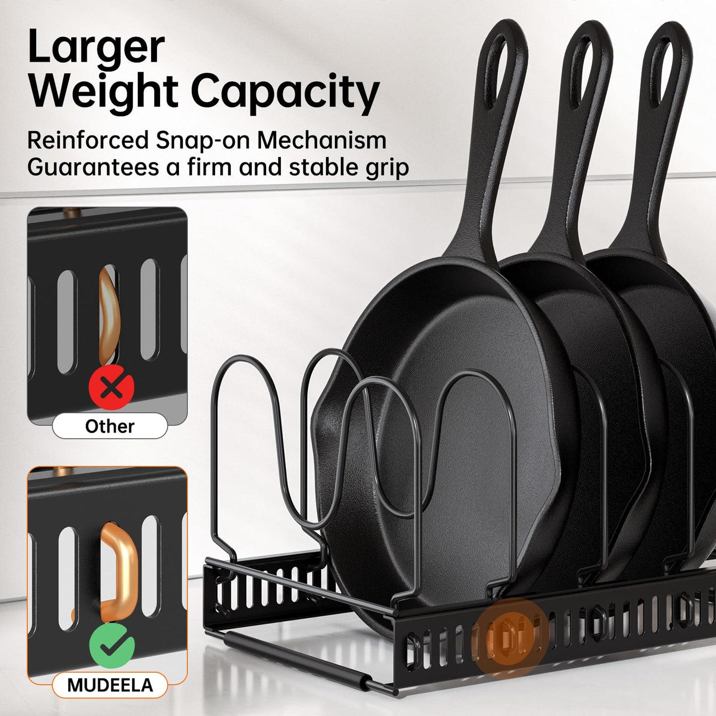 MUDEELA 2 Pack Pots and Pans Organizer Rack for under Cabinet, Expandable Pot Lid Kitchen Cabinet Organizer Holder with 10 Adjustable Compartment Cutting Board Organizer for Pan Lid, Bakeware Sheet
