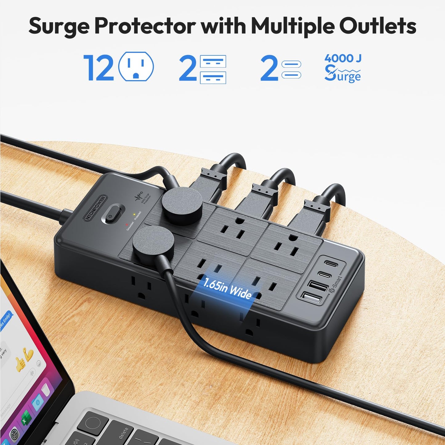 Surge Protector Extension Cord 15FT, NTONPOWER 4000J Surge Protector Power Strip with 12 Outlets & 4 USB Ports (2 USB C), 3 Side Outlet Extender, Wall Mounted Extension Cord for Home Office