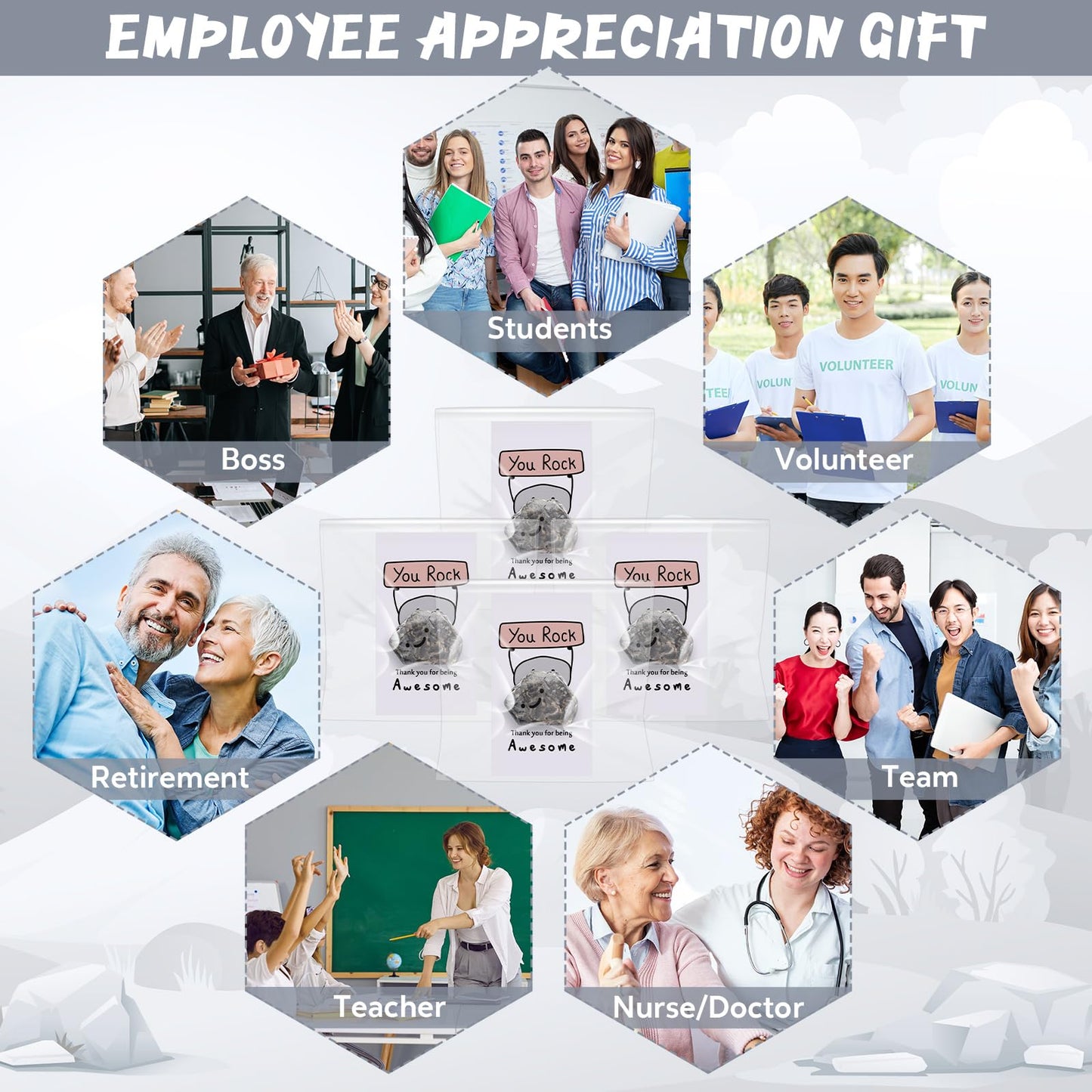 Huwena 100 Sets Inspirational You Rock Employee Appreciation Gifts End of Year Teacher Gifts Smile Resin Stone with Thank You for Being Awesome Rock Card Bulk for Team Staff Coworkers Party Favor