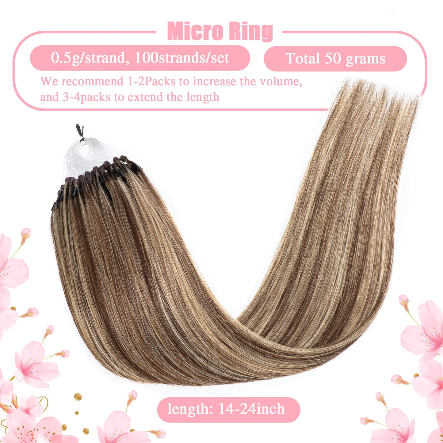 Senmy Micro Ring Hair Extensions Real Human Hair 24inch Microlink Human Hair Extensions #4/613 Medium Brown with Blonde Micro Loop Extensions Human Hair 0.5g/strand 50g/pack Micro Hair Extensions
