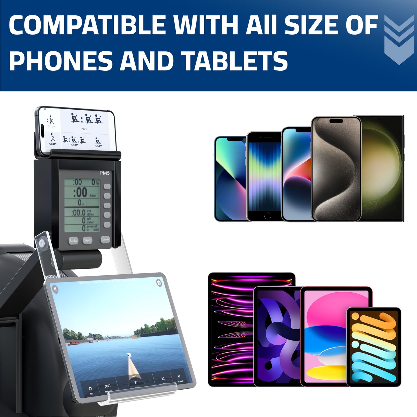 Phone & Tablet Holder Compatible with Concept 2 Rowing Machine & Skierg with PM5 Monitor, Phone & Tablet Mount, Rower Accessories, 2-in-1 Tablet Stand for Model D&E and Rowerg, Patent Pending