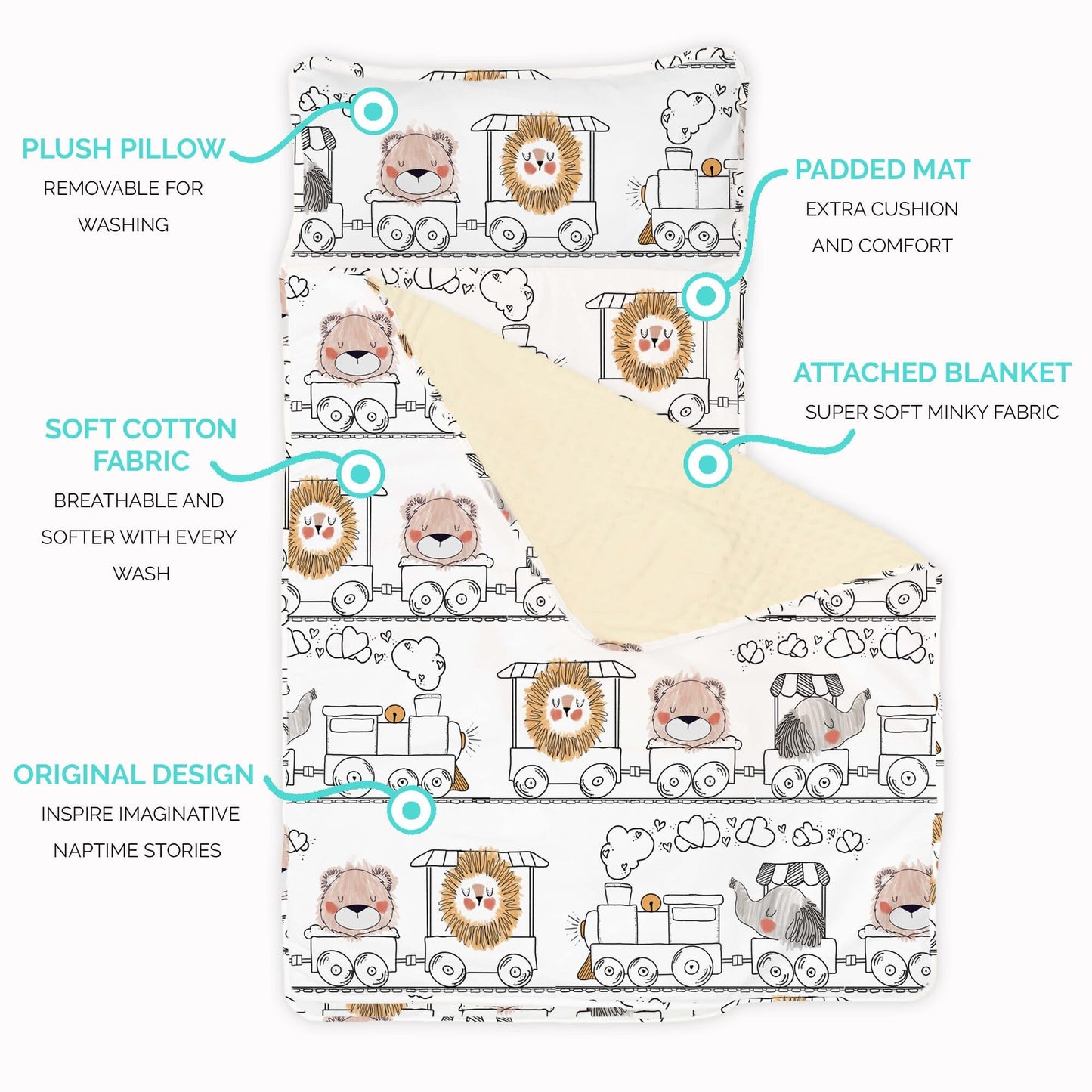 JumpOff Jo Nap Mat for Kids - Cozy Kids Rest Mat with Removable Pillow and Ultra Soft Blanket for Preschool, Daycare, and Sleepovers - Zoo Train