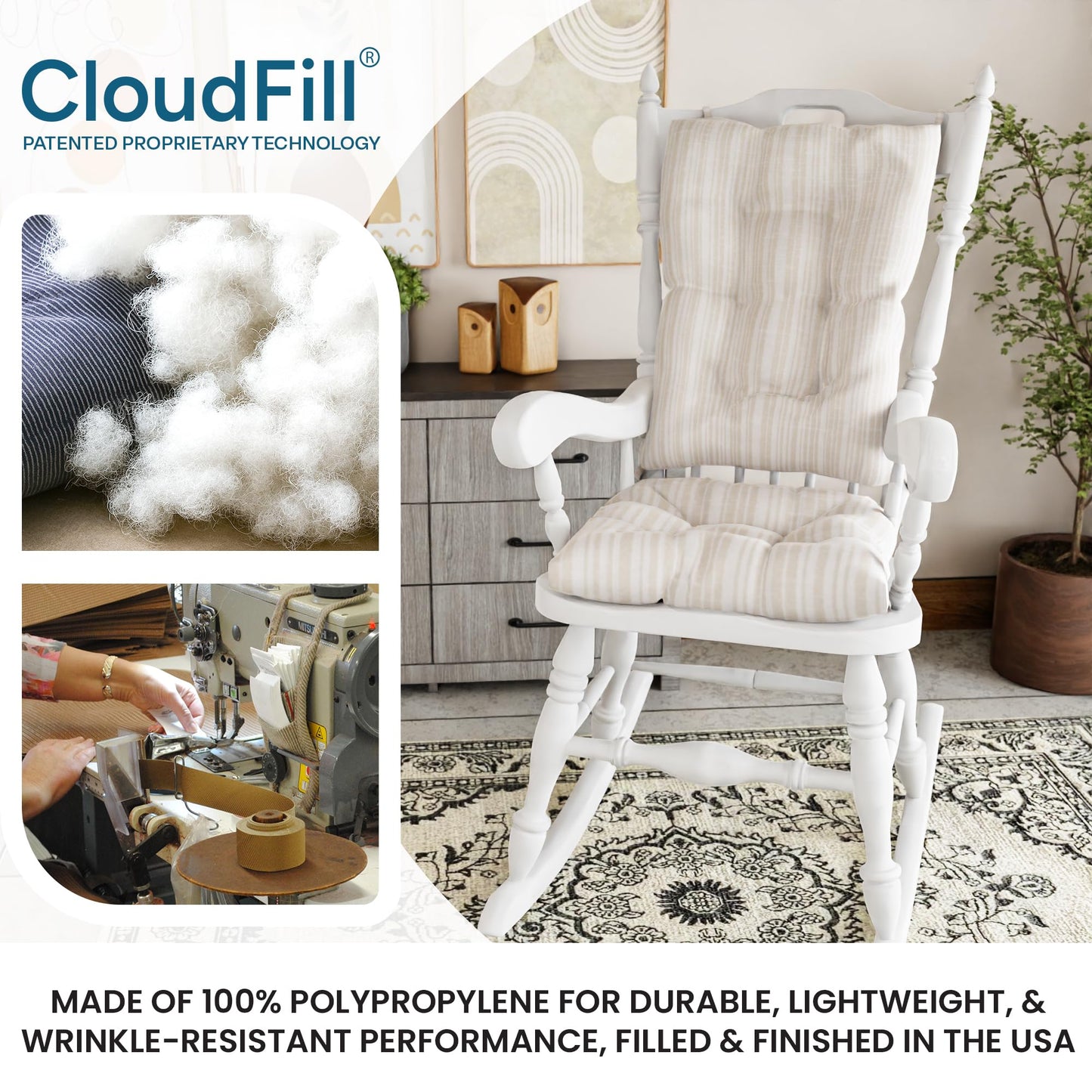 Klear Vu The Gripper Non-Slip Rocking Chair Cushion Thick, Includes Seat Pad & Back Pillow with Ties for Indoor Living Room Rocker, 17x17 Inches, 2 Piece Set, Cream