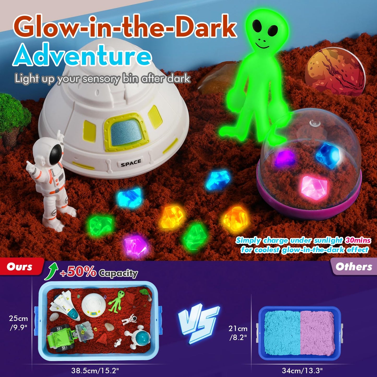 KNASON Outer Space Sensory Bin,Play Sand Kit for boys with 1 KG Sand,Glow in The Dark Alien and Gems,Space Science Kits Sandbox Toys Preschool Toddler Activities Christmas Gift for Kids Ages 3-8