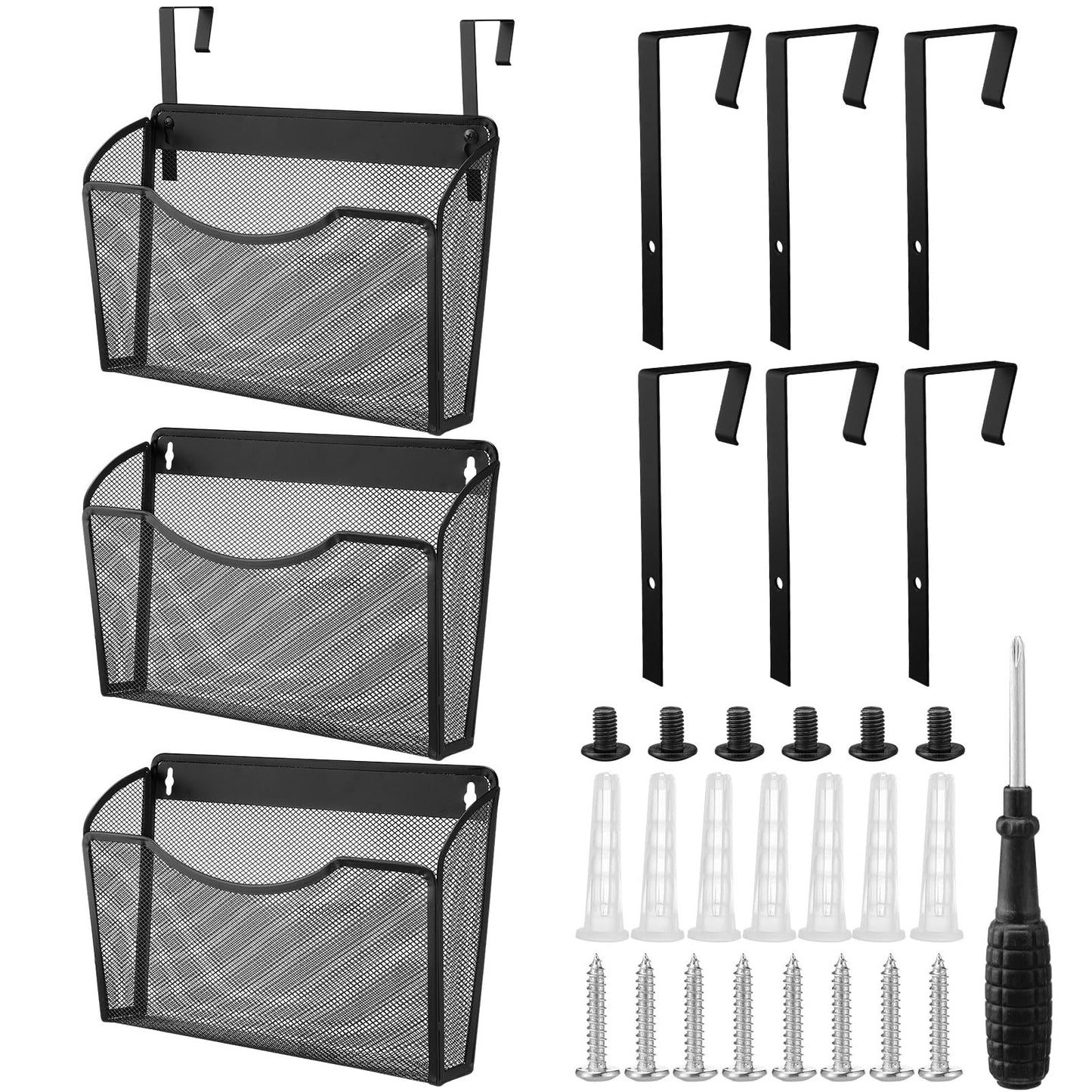 Tenceur 3 Pcs Mesh Letter Wall File Folder Cubicle File Holder Hanging Wall Mounted File Holder 3 Pocket Vertical File Organizer for Office Home Room Storage Basket(13.19 x 12.2 x 3.07 Inch,Black)