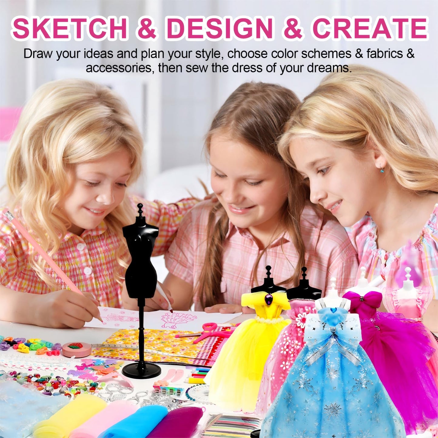 Axirata 1000+PCS Fashion Design Kit for Girls Creativity DIY Arts & Crafts Kit for Kids with 4 Mannequins, Fashion Designer Sketchbook, Sewing Kit for Teen Girls Birthday Gift Age 6 7 8 9 10 11 12+