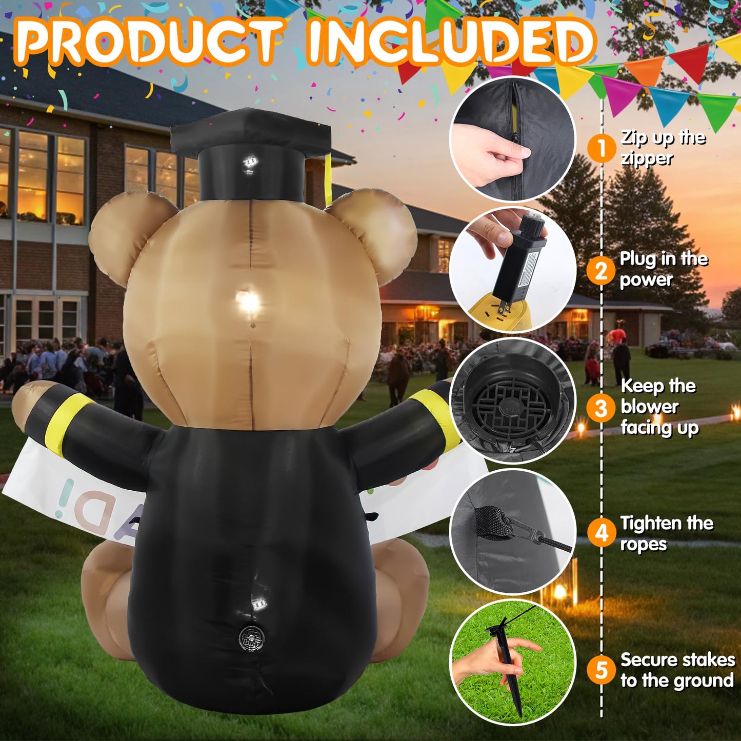 Boveco 6FT Graduation Inflatable Decoration Bear Blow Up Yard Decorations Bear with LED Lights Indoor & Outdoor Vacation Yard Garden Lawn Décor Commencement Season Graduation Ceremony