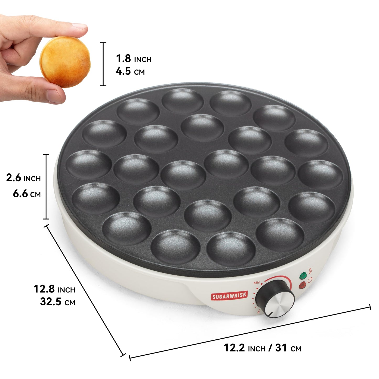 SugarWhisk 24 Slots Mini Pancakes Maker, Poffertjes Maker Pan, Thin Ebelskiver Aebleskiver Pan, Electric Pancakes Maker, Dutch Pancake Machine, Browning Controllable, with Brush & Forks, White