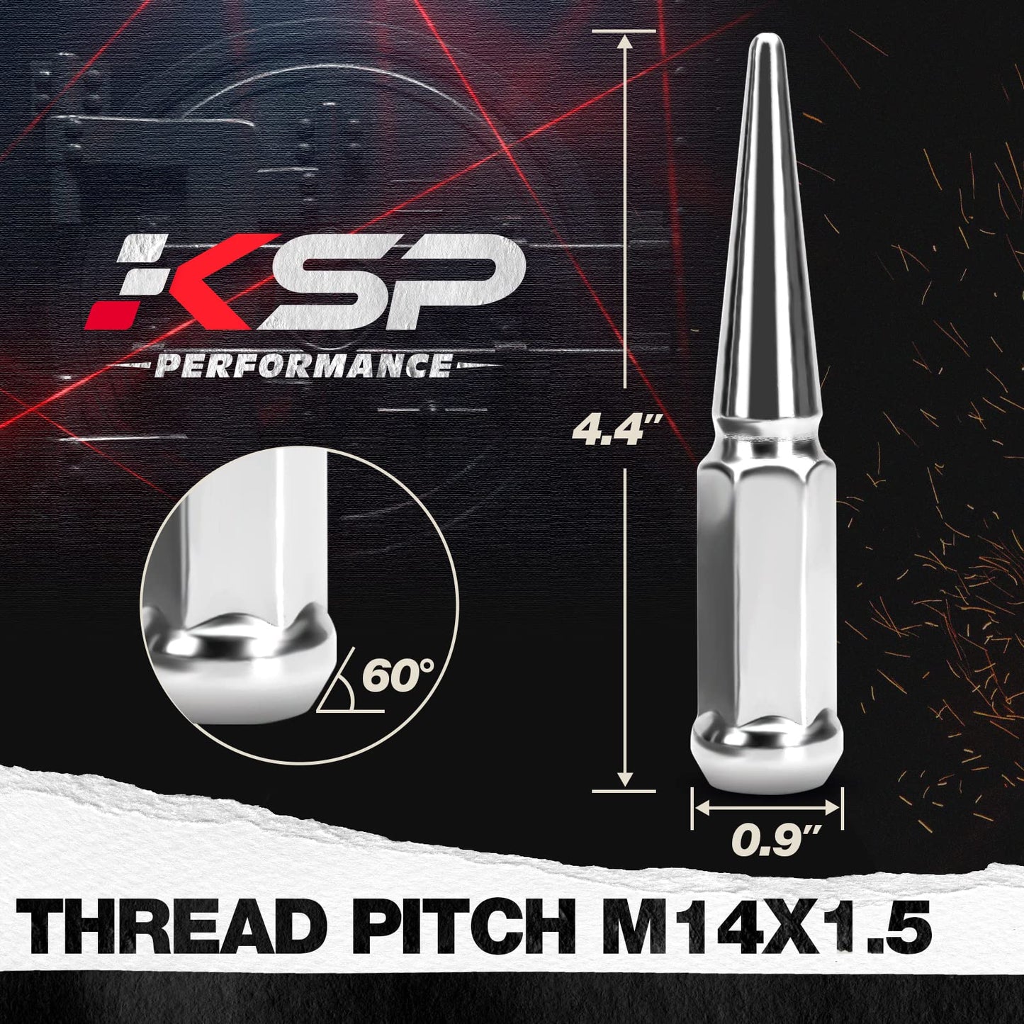 KSP M14X1.5 Spike Lug Nuts, 32PCS Chrome 14mmx1.5 Wheel Spiked Lug Nut for Silverado Sierra 1500 2500 3500 F150 F250 F350, 19mm Hex Closed End Nut with 1 Socket for Aftermarket Wheel