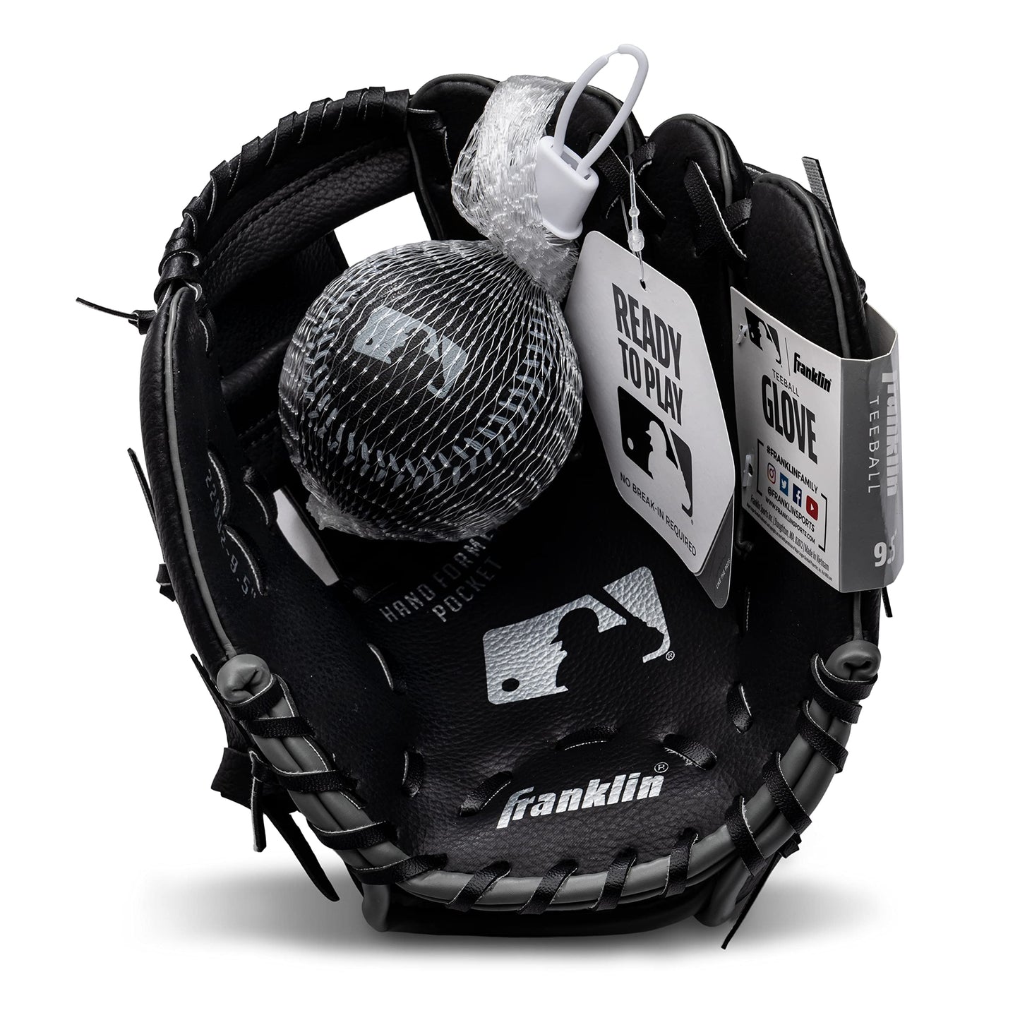 Franklin Sports Tee Ball Glove - RTP Fielding Glove - MLB® Synthetic Leather Baseball Glove - Ready to Play Glove (RTP) - 9.5 Inch Right Hand Throw - MLB® Black with Ball