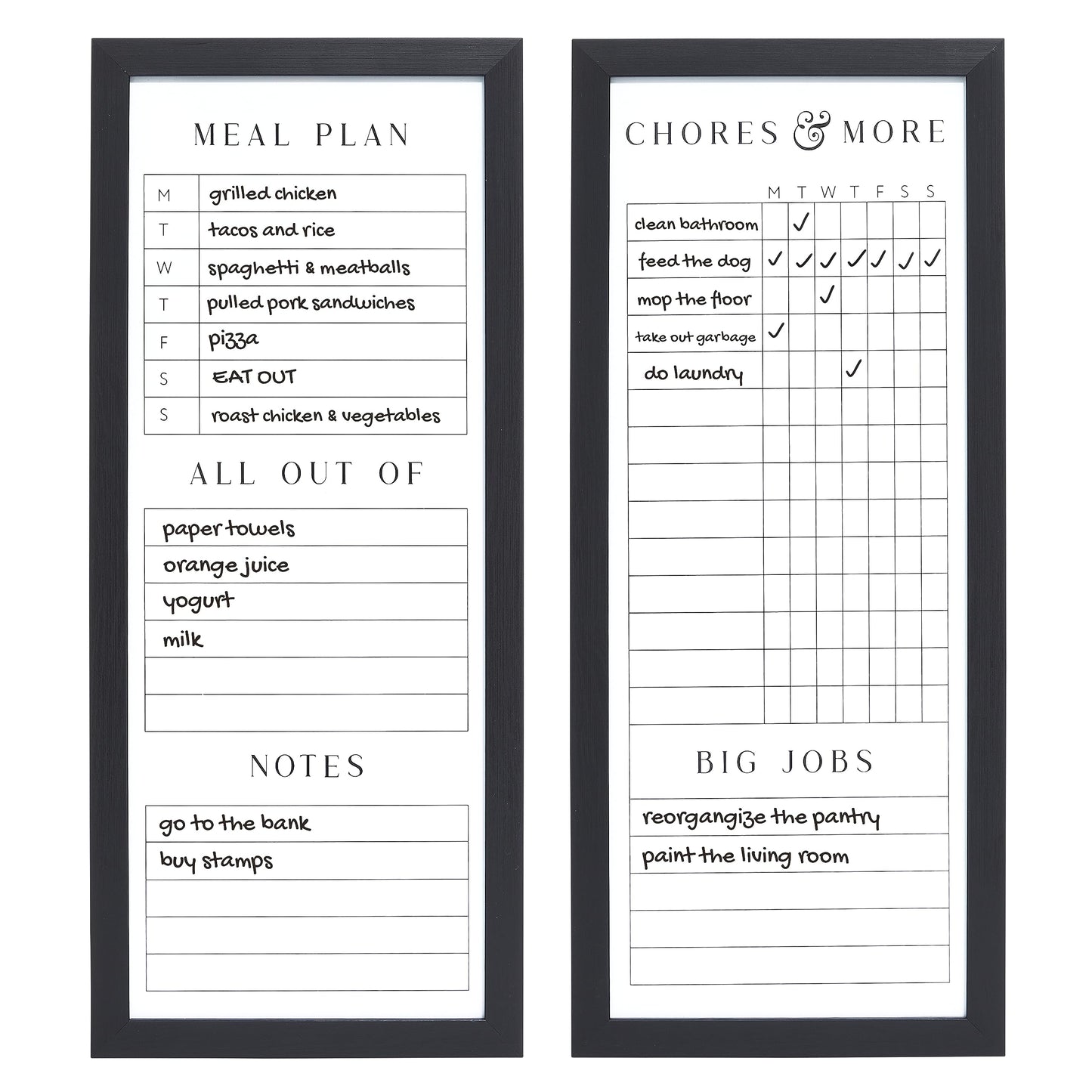Sheffield Home Set of Two Family Planner Dry Erase Boards Featuring, Chore Chart, Shopping List, Weekly Meal Planner and Notes, 9x21 Inch, Black