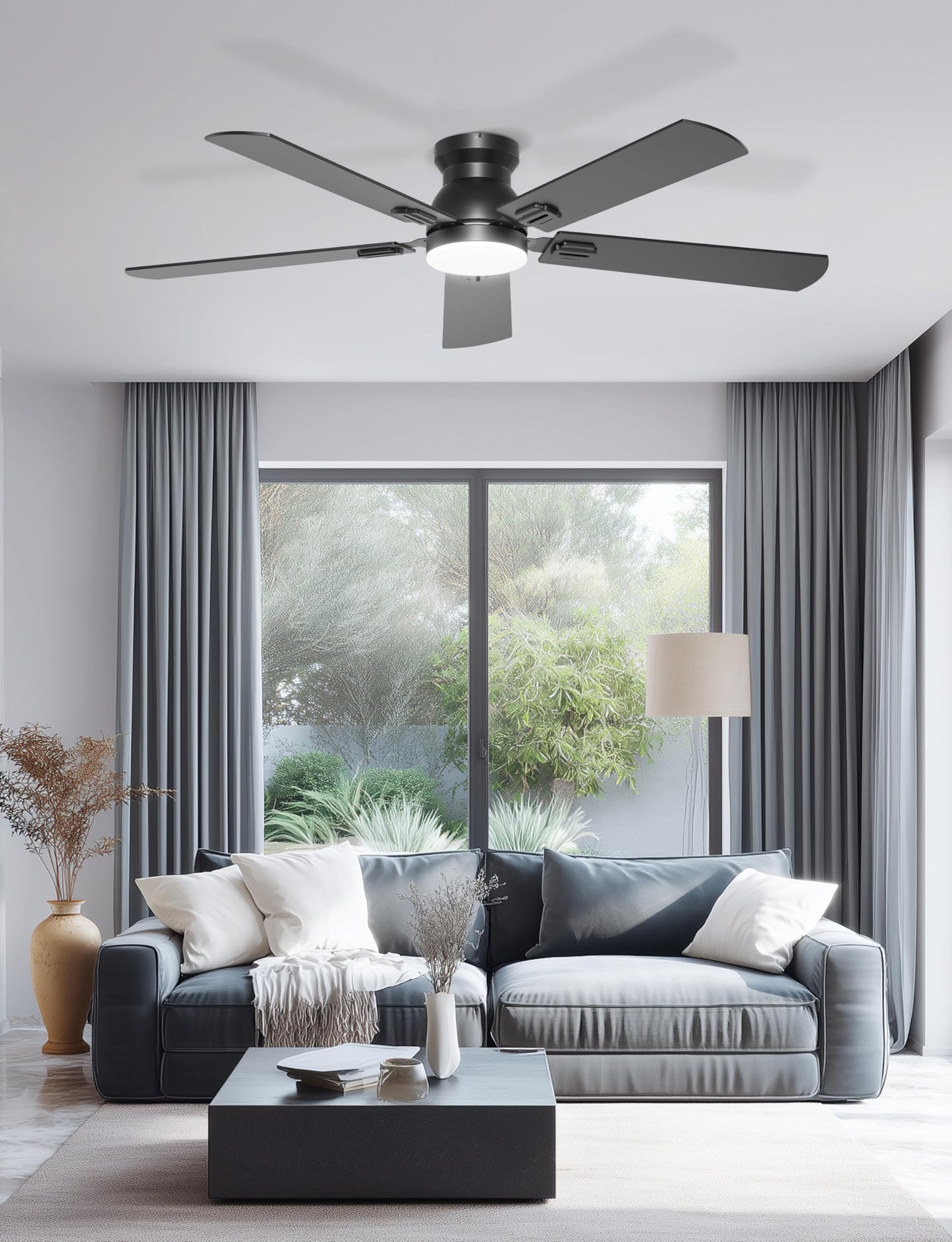 Phylluz 52'' Flush Mount Ceiling Fan with Lights, Space-Saving Low Profile for Low Ceilings, App/Remote Control, Safe Quiet DC Motor for Bedroom Living Room, Dimmable, Black