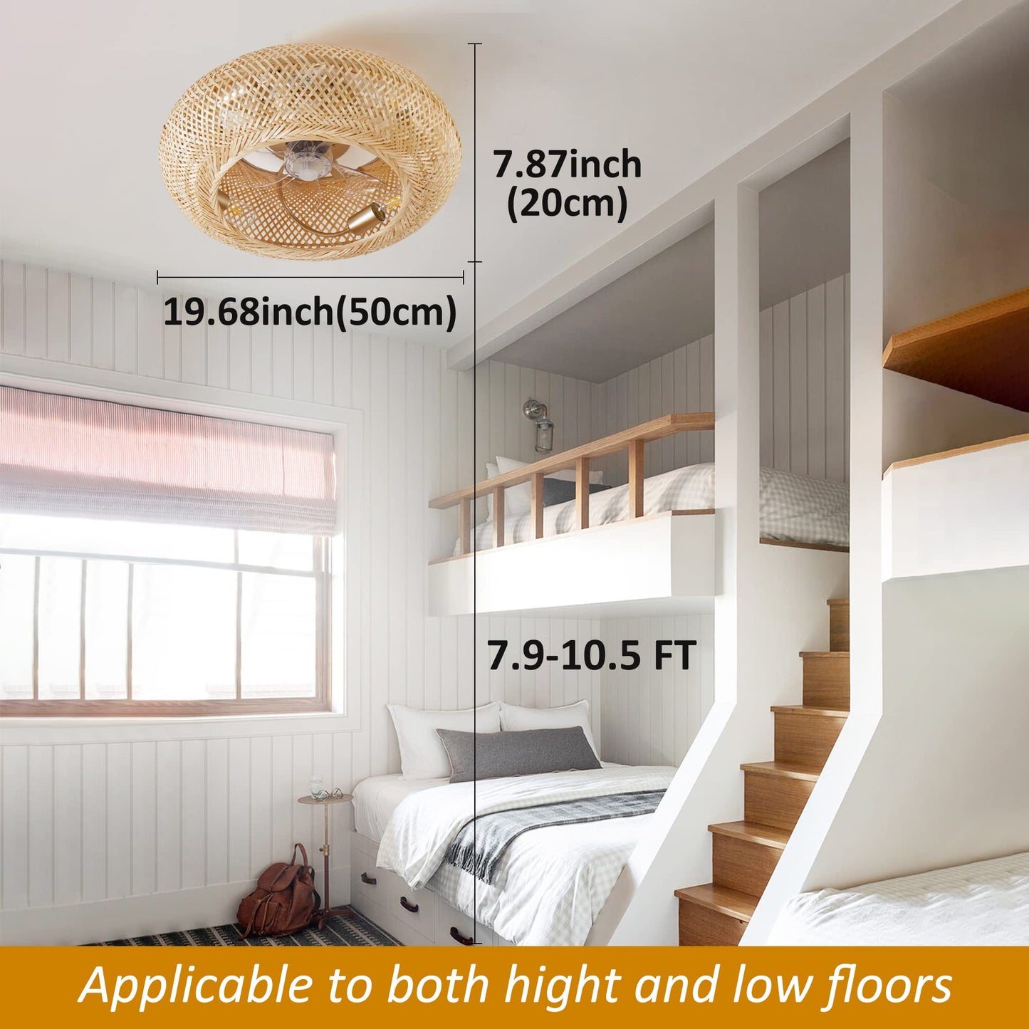 20" Boho Ceiling Fans with Lights and Remote Control,Rattan Caged Flush Mount Ceiling Fan with Light, Enclosed Timing 6 Speeds Reversible for Living Room Bedroom Dining Room