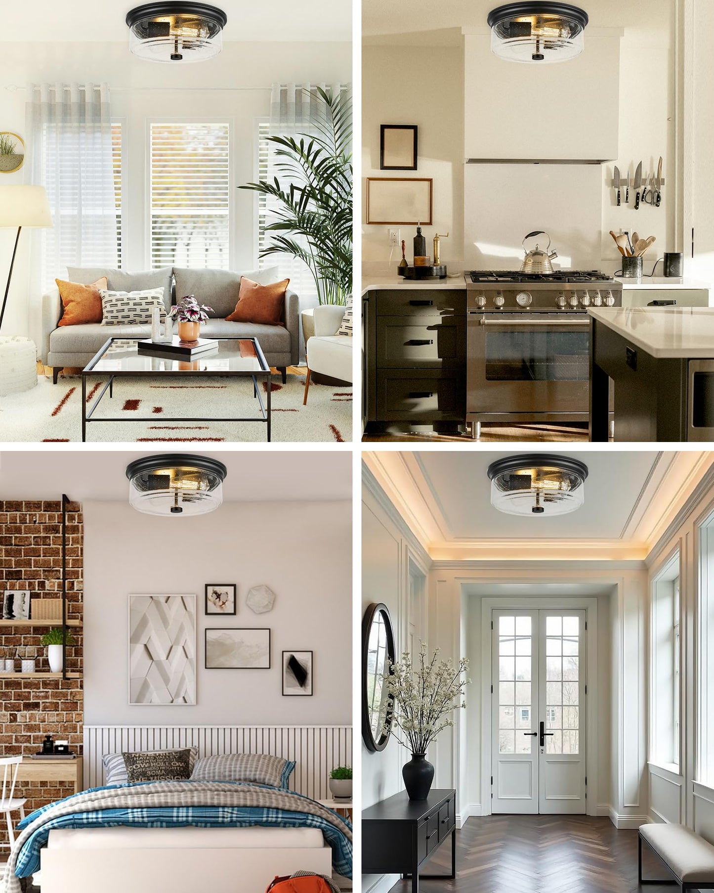 FOITTON Black Flush Mount Ceiling Light, 12 Inch 2-Light Industrial Farmhouse Light Fixture with Seeded Glass Shade for Kitchen, Hallway, Entryway, Bedroom