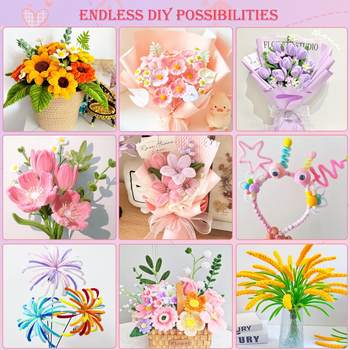 800 PCS Pipe Cleaner Flower Kit, DIY Pipe Cleaners Bulk Craft Bouquet Making Kit with 13 Colors Chenille Stems, Floral Wires, Stamen, Ribbon, Instruction, Art and Craft Supplies