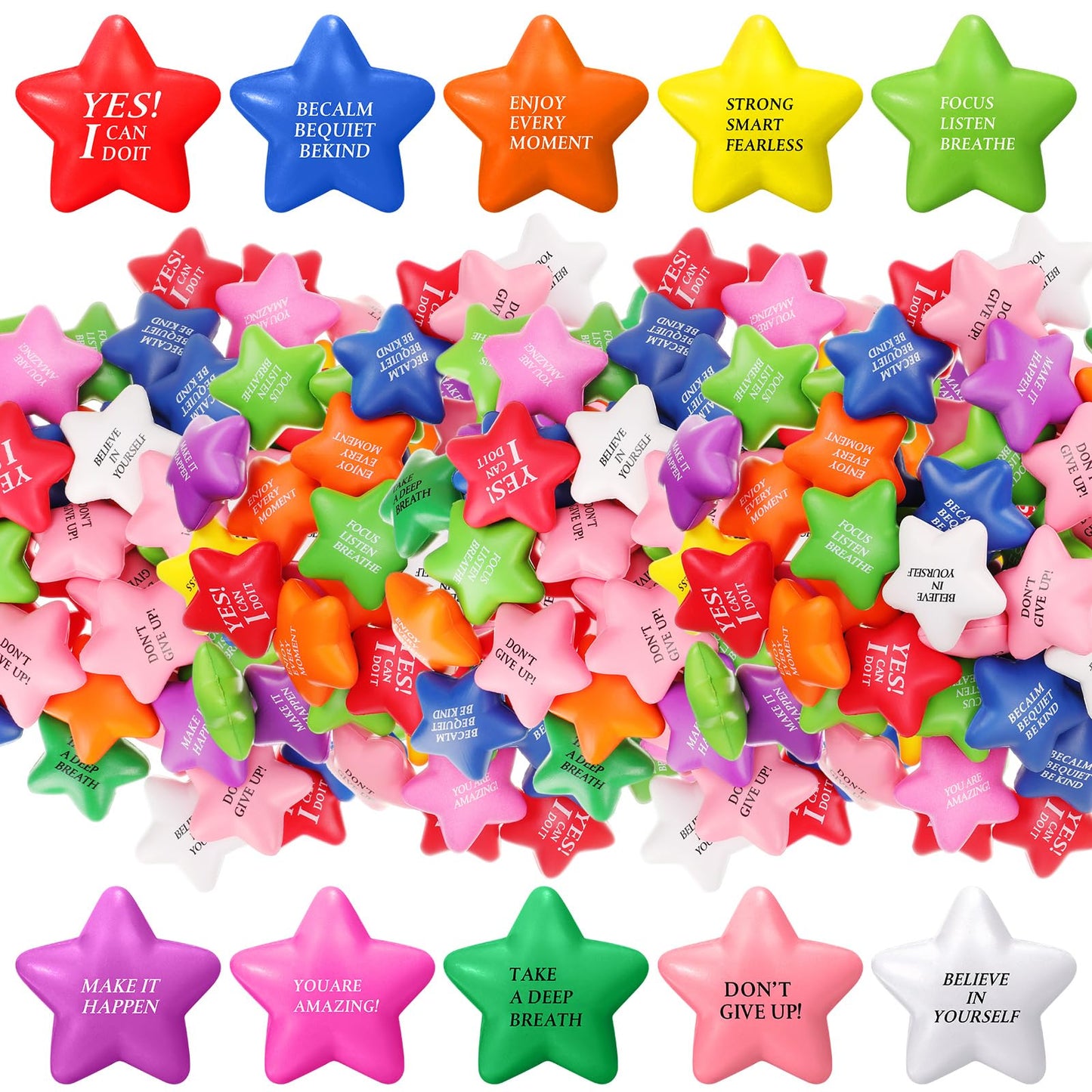 Jenaai 250 Pcs Motivational Stress Balls Bulk with Quote Inspirational Funny Colorful Foam Balls Hand Exercise Stress Relief Easter Gifts for Kids Adults Relieve Anxiety Party Supplies(Star)