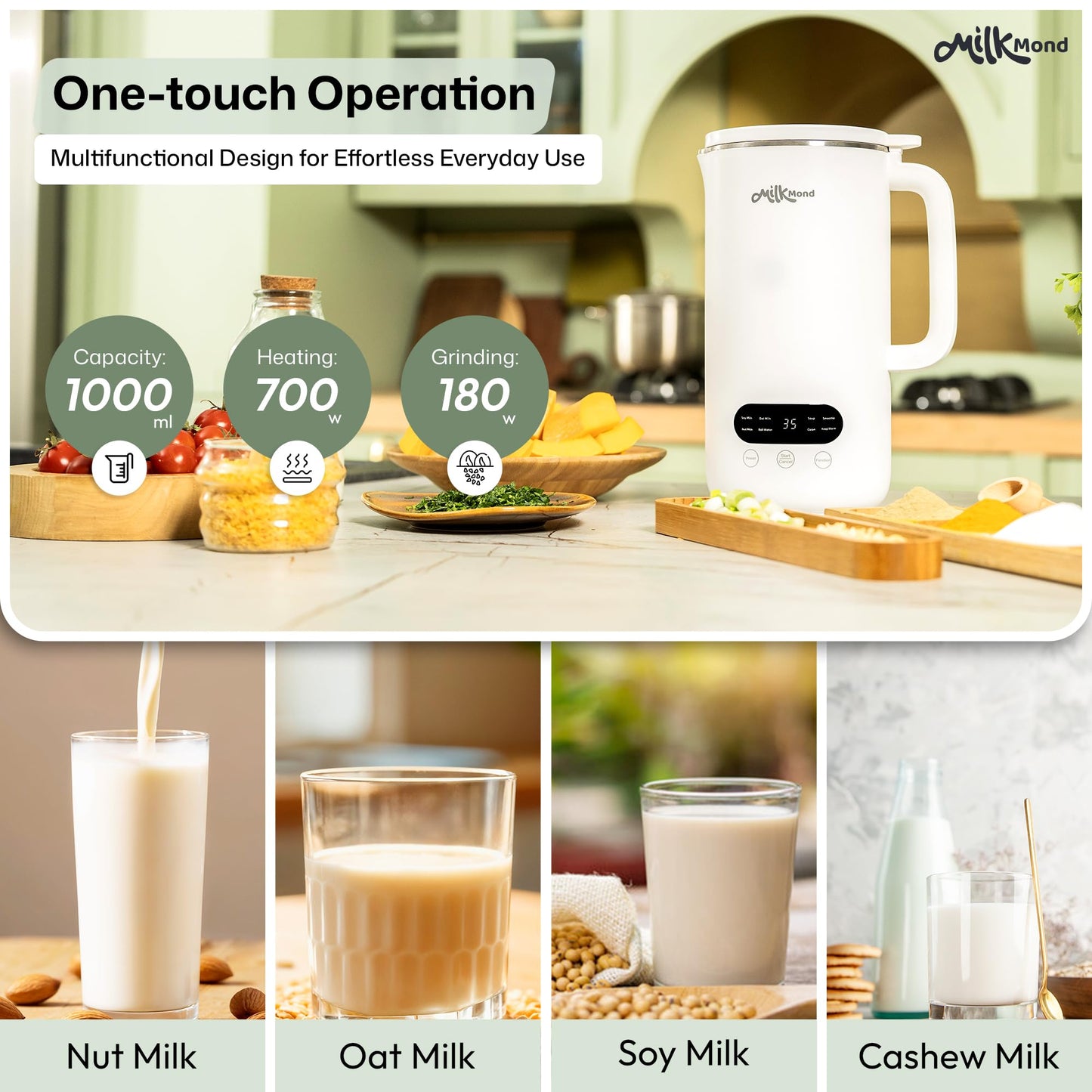 8-in-1, 32oz Nut Milk Maker Machine – Creamy Almond, Oat, Soy Milk, Soup Maker & Smoothies | Plant Based Beverages | 10 Stainless Steel Blades, Auto-Clean, Boil Water/Keep Warm | 12-Hour Delay Start