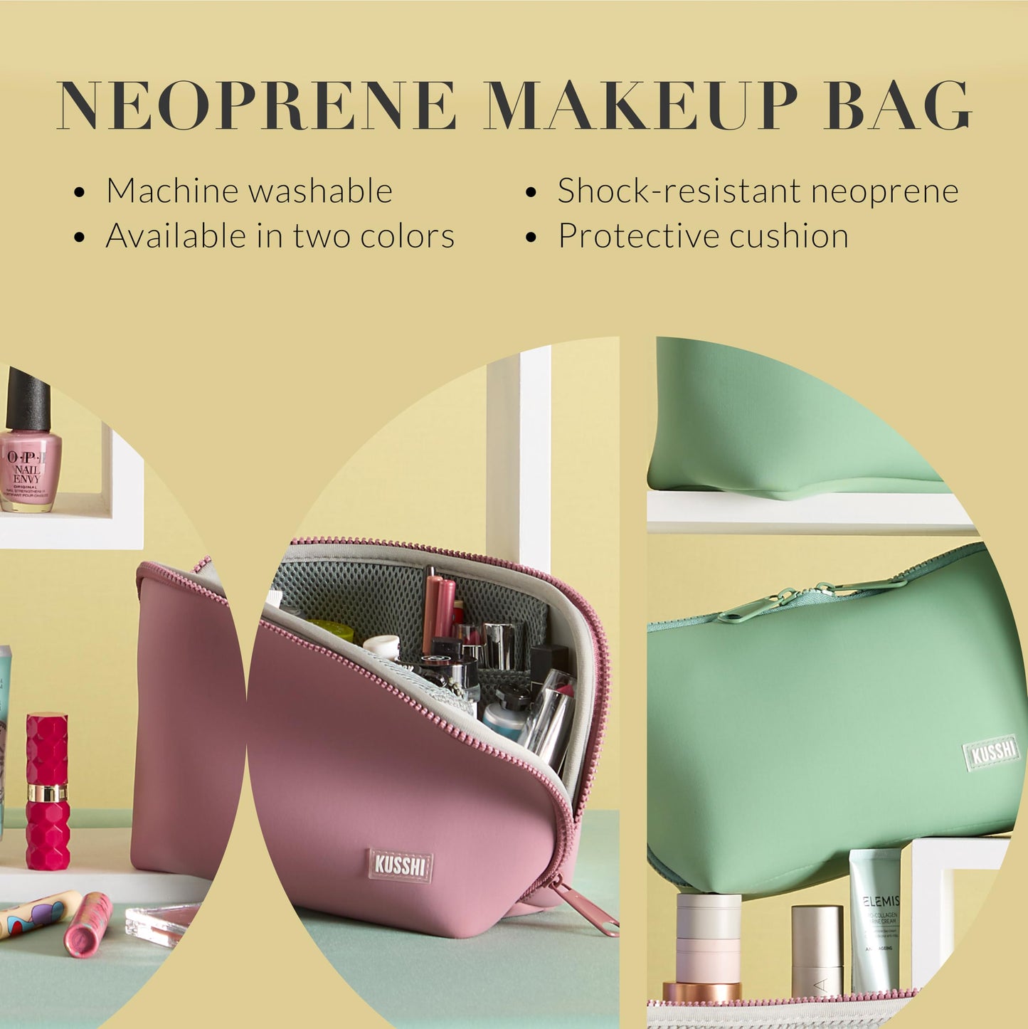 KUSSHI Neoprene Makeup Bag - Washable Makeup Bag for Stress Free Travel (Sage/Coral Rose)