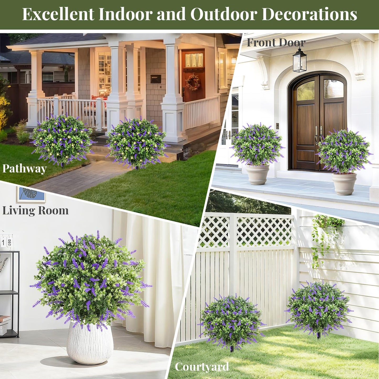 Lewondr Artificial Lavender Boxwood Topiary Ball with LED Lights, 23.6'' Artificial Shrub Bushes with Ground Spike, UV Resistant Faux Greenery Shrubs, Fake Plants for Indoor Outdoor Garden Patio Decor