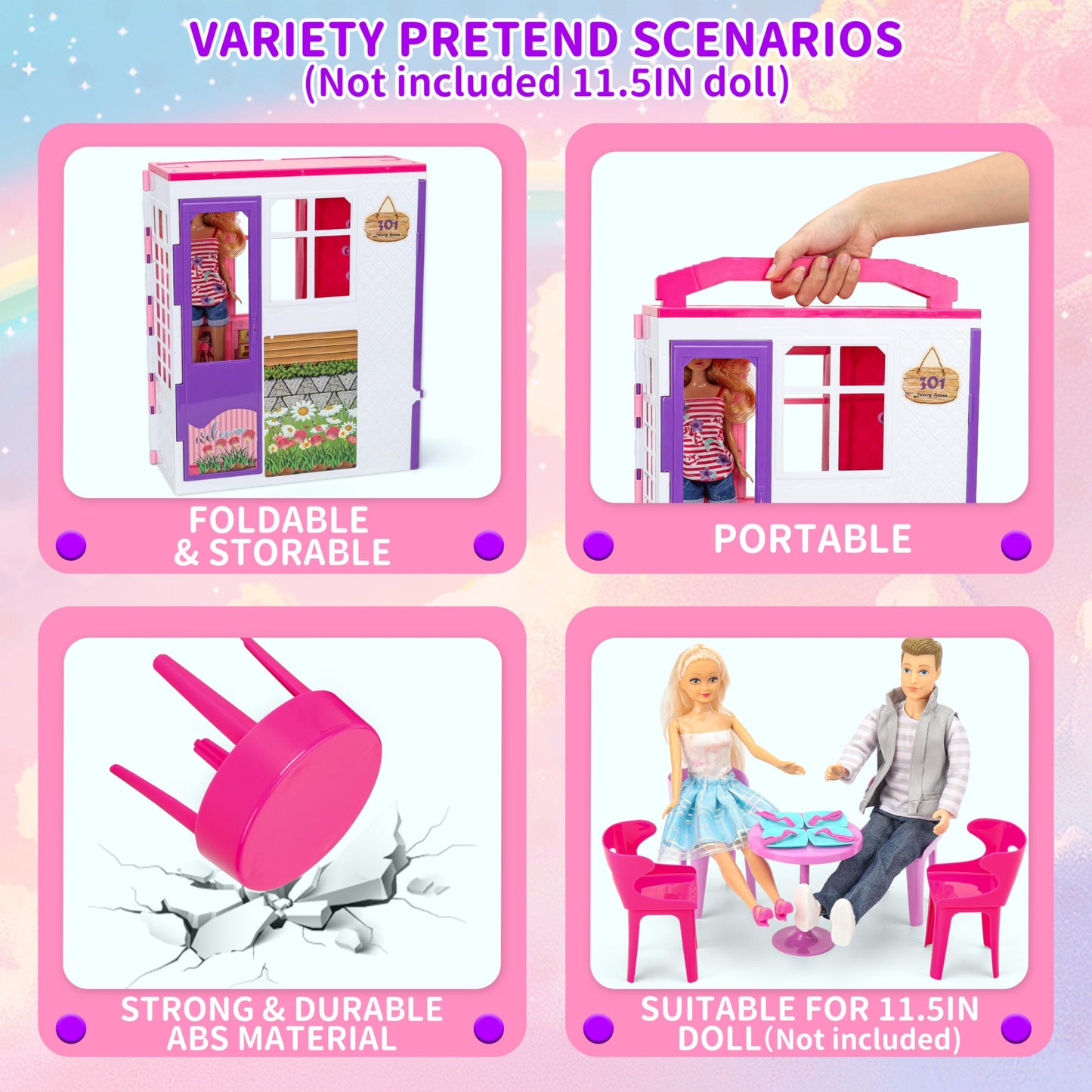 Style Shine Doll House Portable & Foldable Dollhouse w/ 60+ Pcs & 2 Dolls, Play House Toy with Bedroom Kitchen Furniture Camping Playset, Playhouse Birthday Gift for Girl Kid Toddler